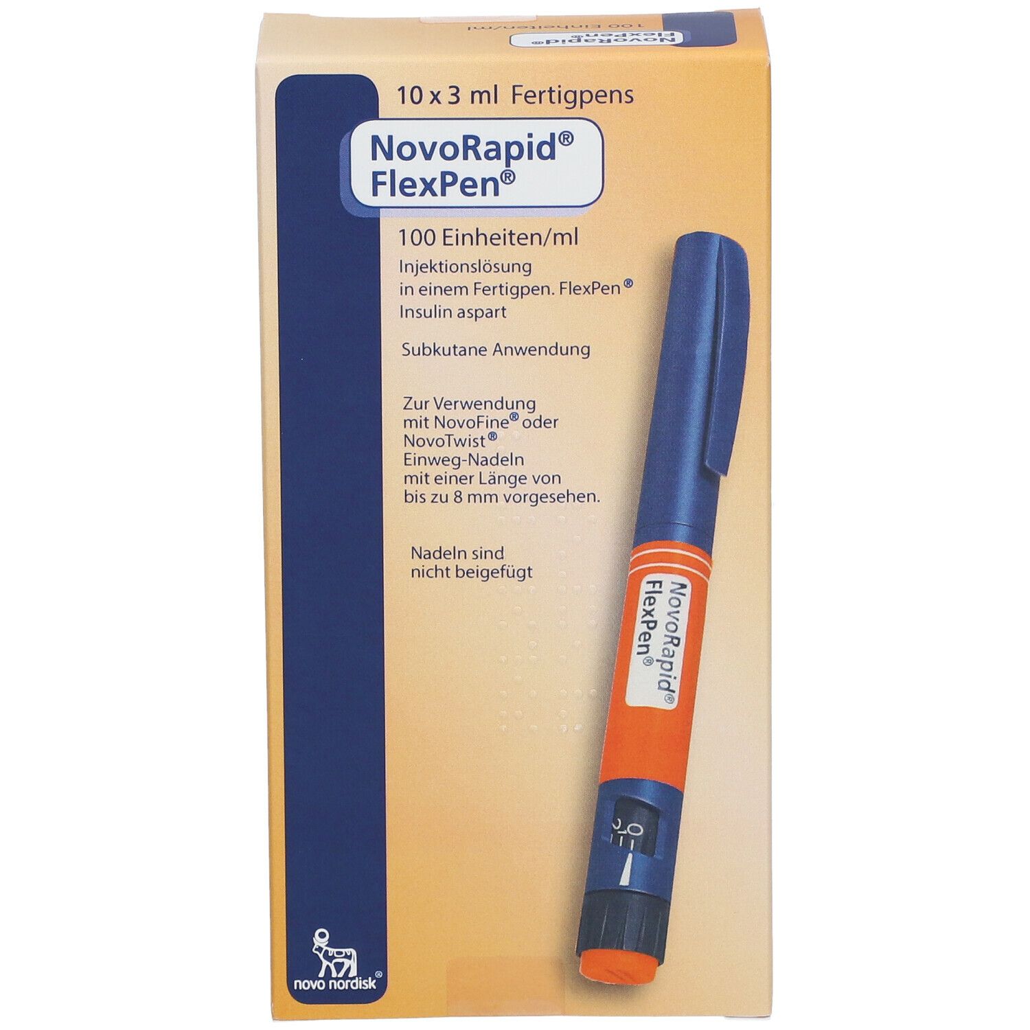 Karton mit Fertigpen. NovoRapid FlexPen, 100 Einheiten/ml. Blaue und orangefarbene Fertigpen. Nahaufnahme.
