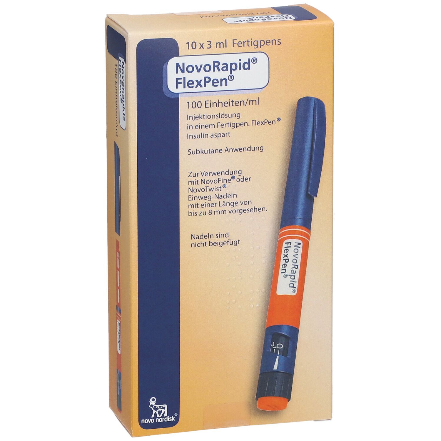 Karton mit Fertigpen. NovoRapid FlexPen, 100 Einheiten/ml. Blaue und orangefarbene Fertigpen.