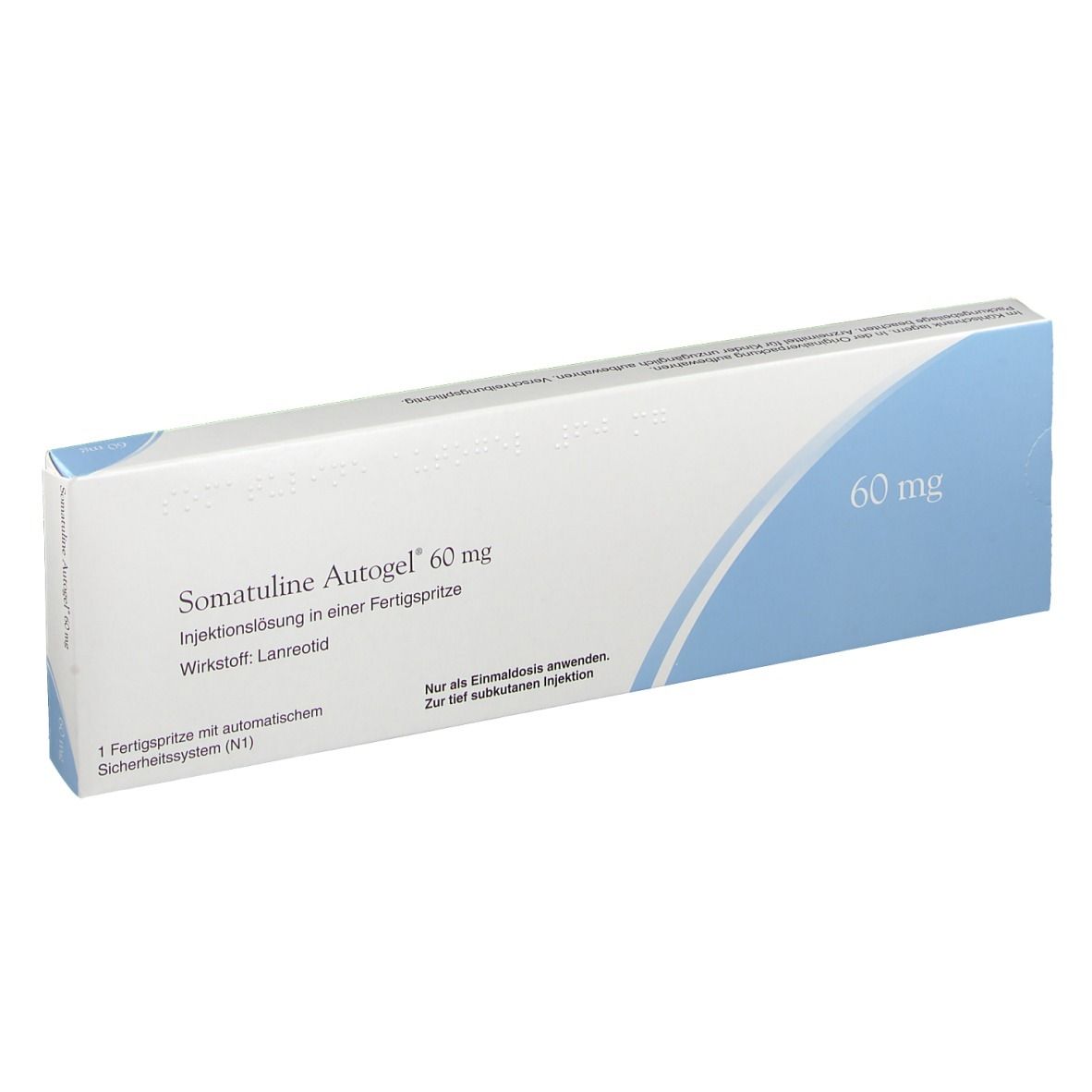 Schachtel mit Somatuline Autogel 60 mg. Weiß, mit blauer Markierung. Text: Injektionslösung, Wirkstoff Lanreotid.