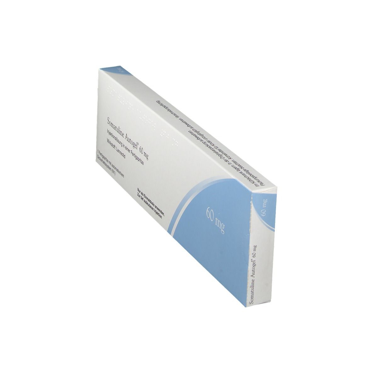 Schachtel Somatuline Autogel 60 mg, schräg. Weiß mit blauer Markierung. Text: Injektionslösung, Wirkstoff Lanreotid, 60 mg.