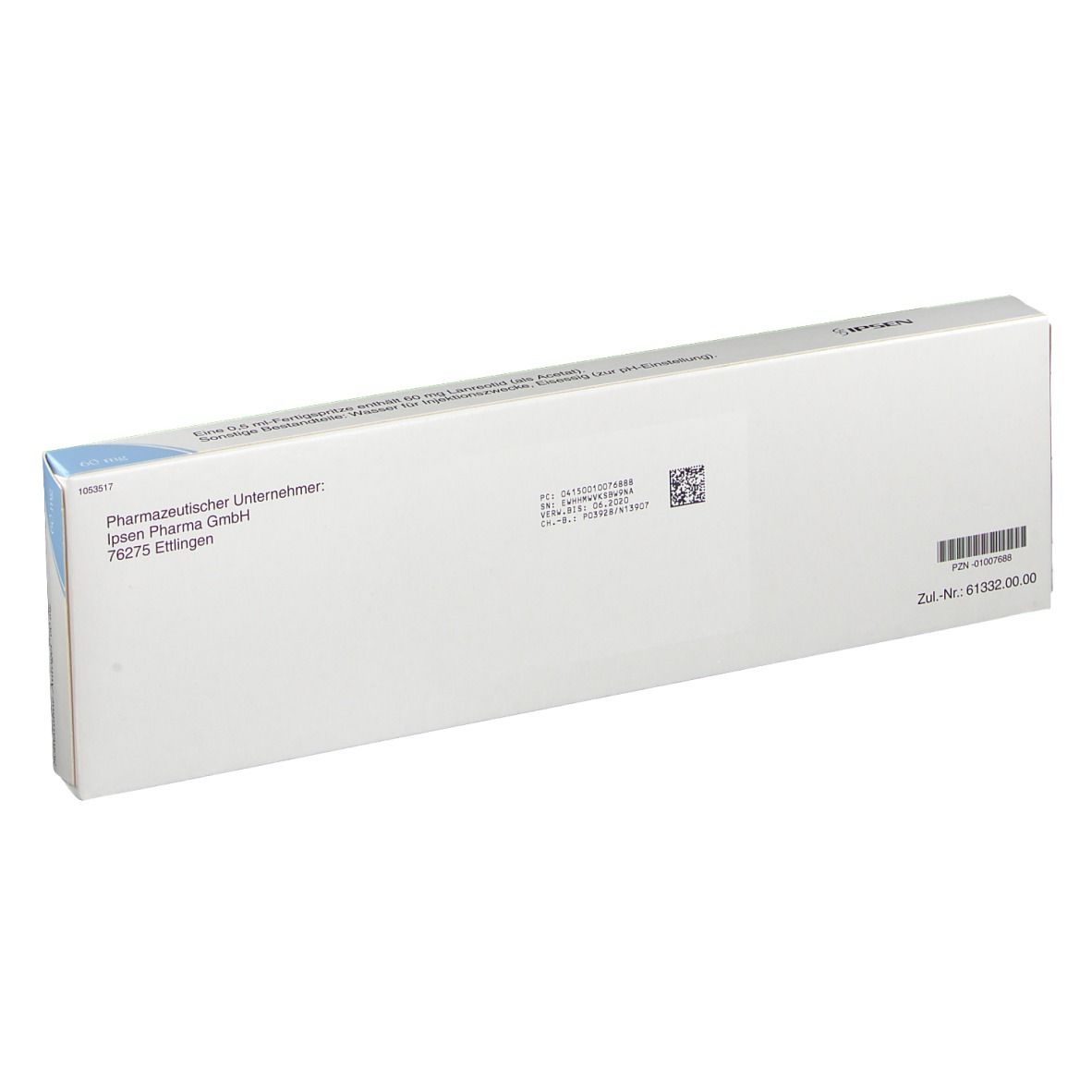 Rückseite der Schachtel Somatuline Autogel. Weiß, mit Text und Barcode. Hersteller: Ipsen Pharma GmbH.