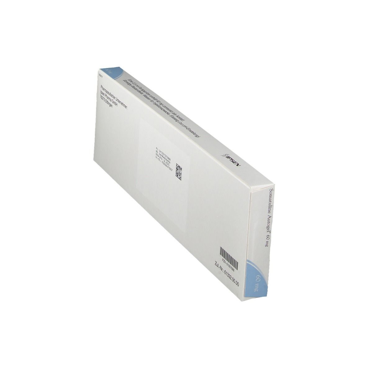 Rückseite der Schachtel Somatuline Autogel, schräg. Weiß, mit Text und Barcode. Hersteller: Ipsen Pharma GmbH.
