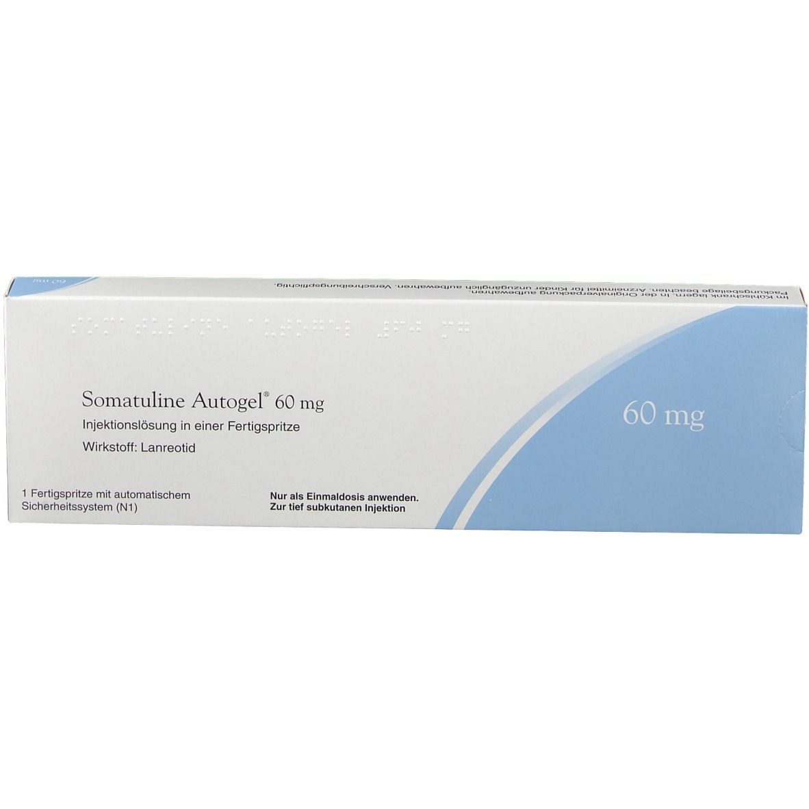 Schachtel Somatuline Autogel 60 mg. Weiß mit blauer Markierung. Text: Injektionslösung, Wirkstoff Lanreotid, 60 mg.