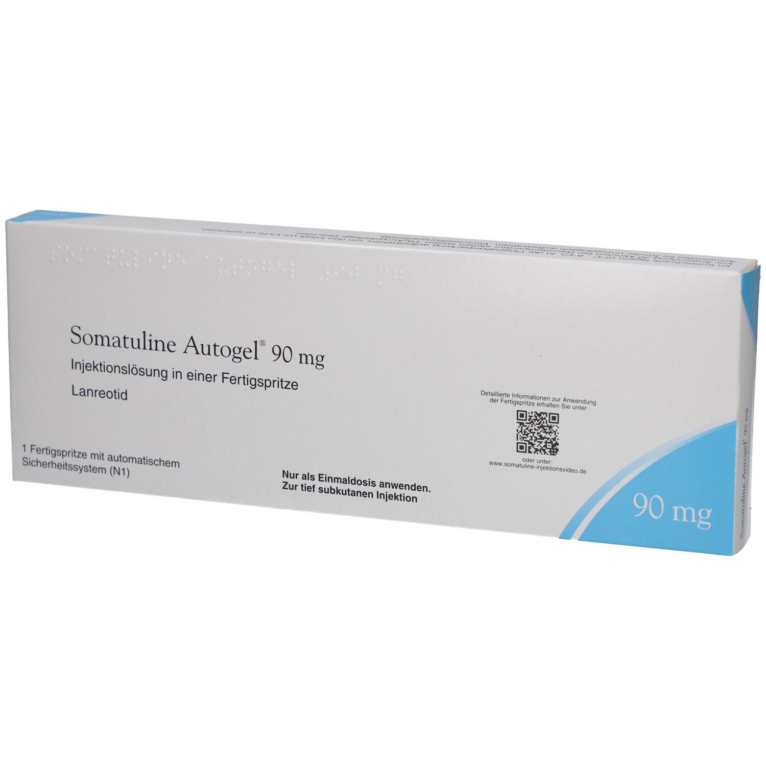 Weiße Schachtel mit blauen Akzenten. Aufschrift: Somatuline Autogel 90 mg. Fertigspritze mit Sicherheitsystem.