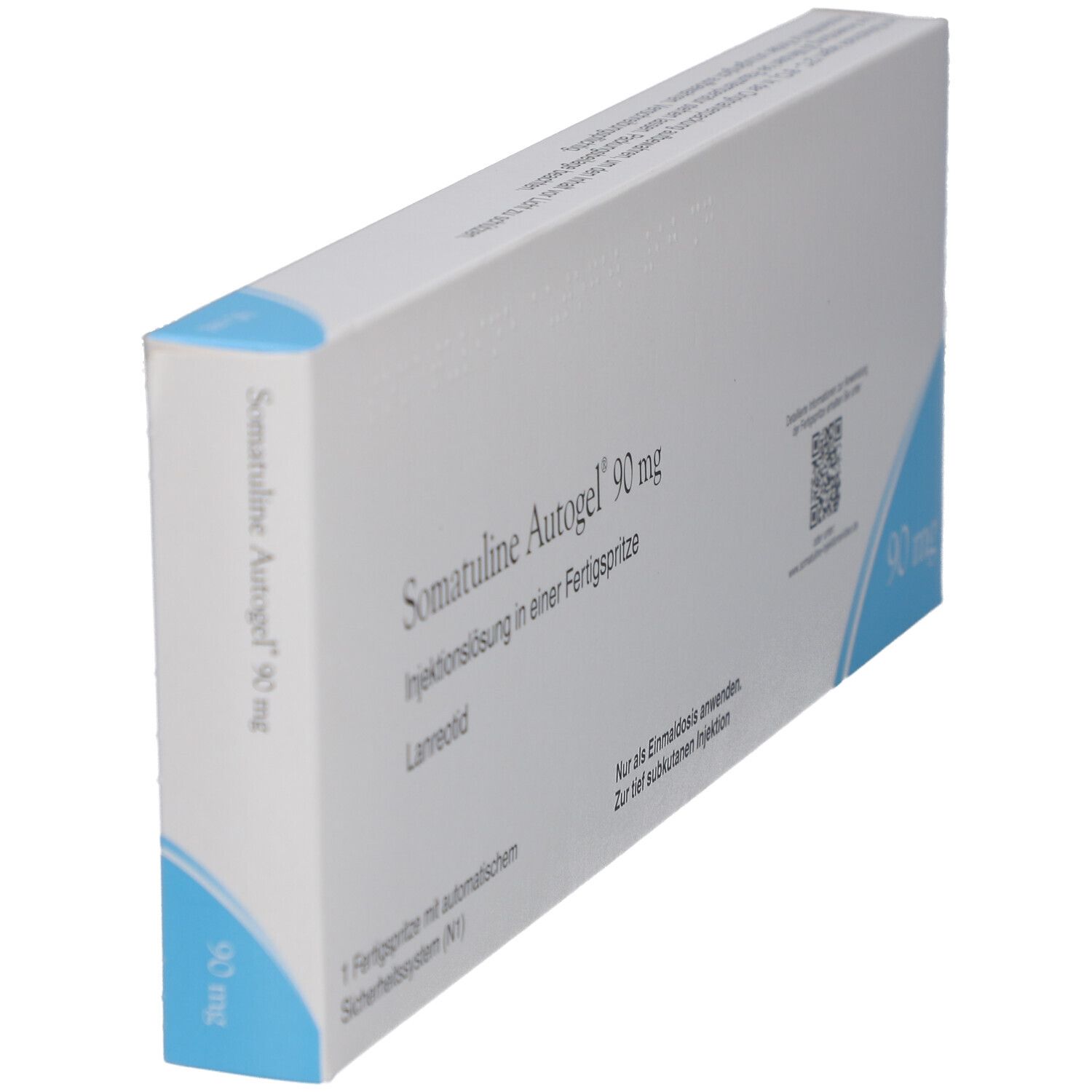 Weiße Schachtel, blaue Ecke. Aufschrift: Somatuline Autogel 90 mg. QR-Code und Text auf der Seite.