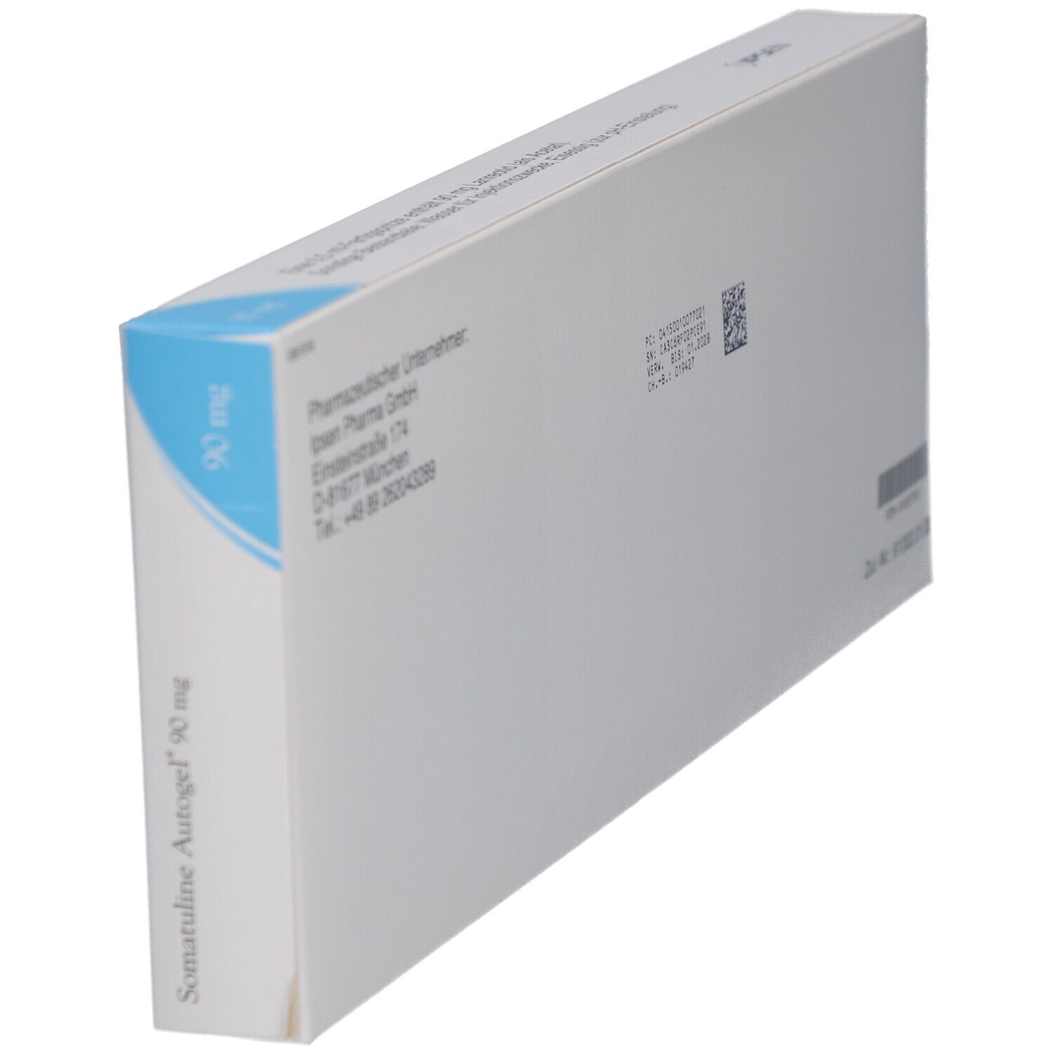Weiße Schachtel, blaue Ecke. Aufschrift: Somatuline Autogel 90 mg. Text und QR-Code.
