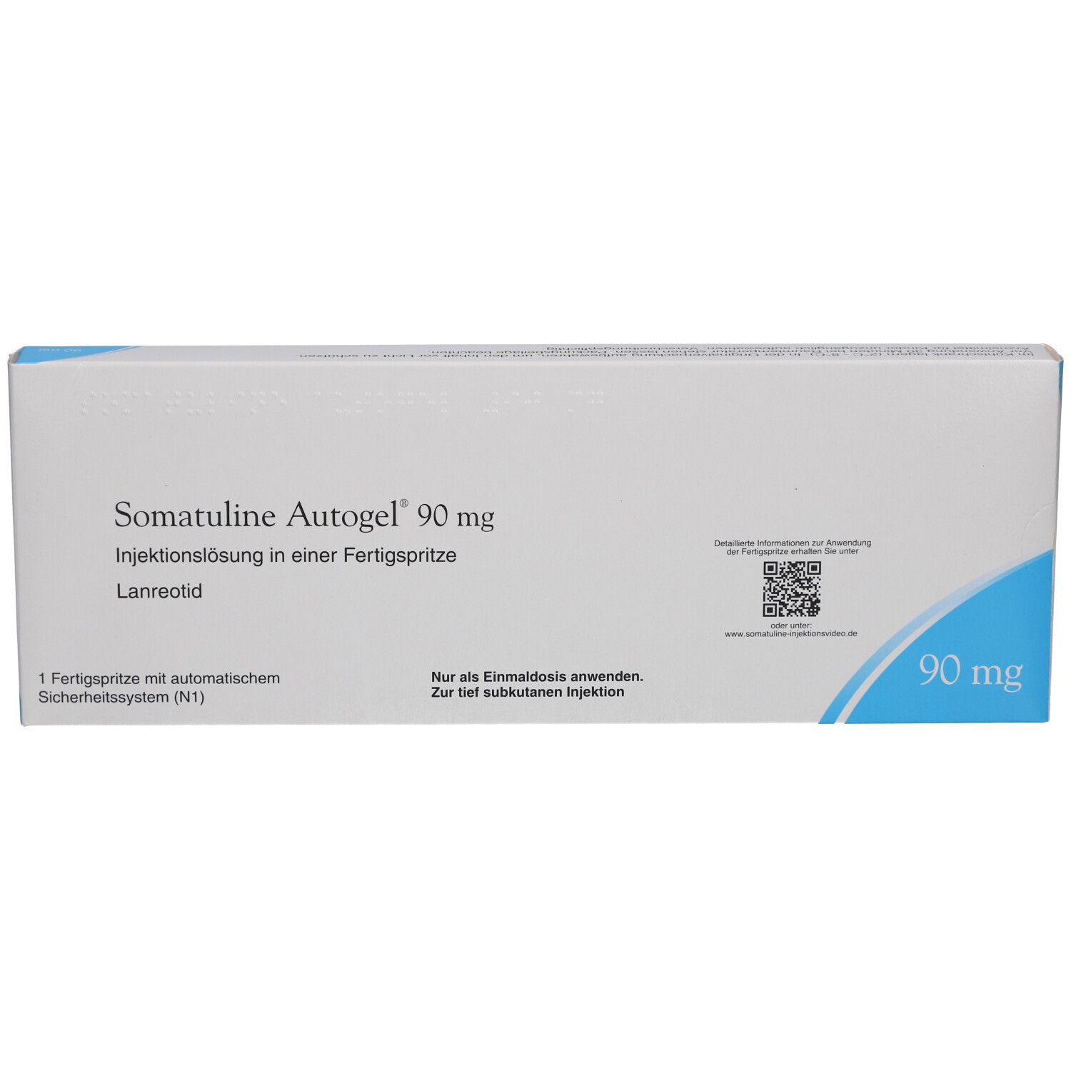 Weiße Schachtel mit blauen Akzenten. Aufschrift: Somatuline Autogel 90 mg. Fertigspritze.