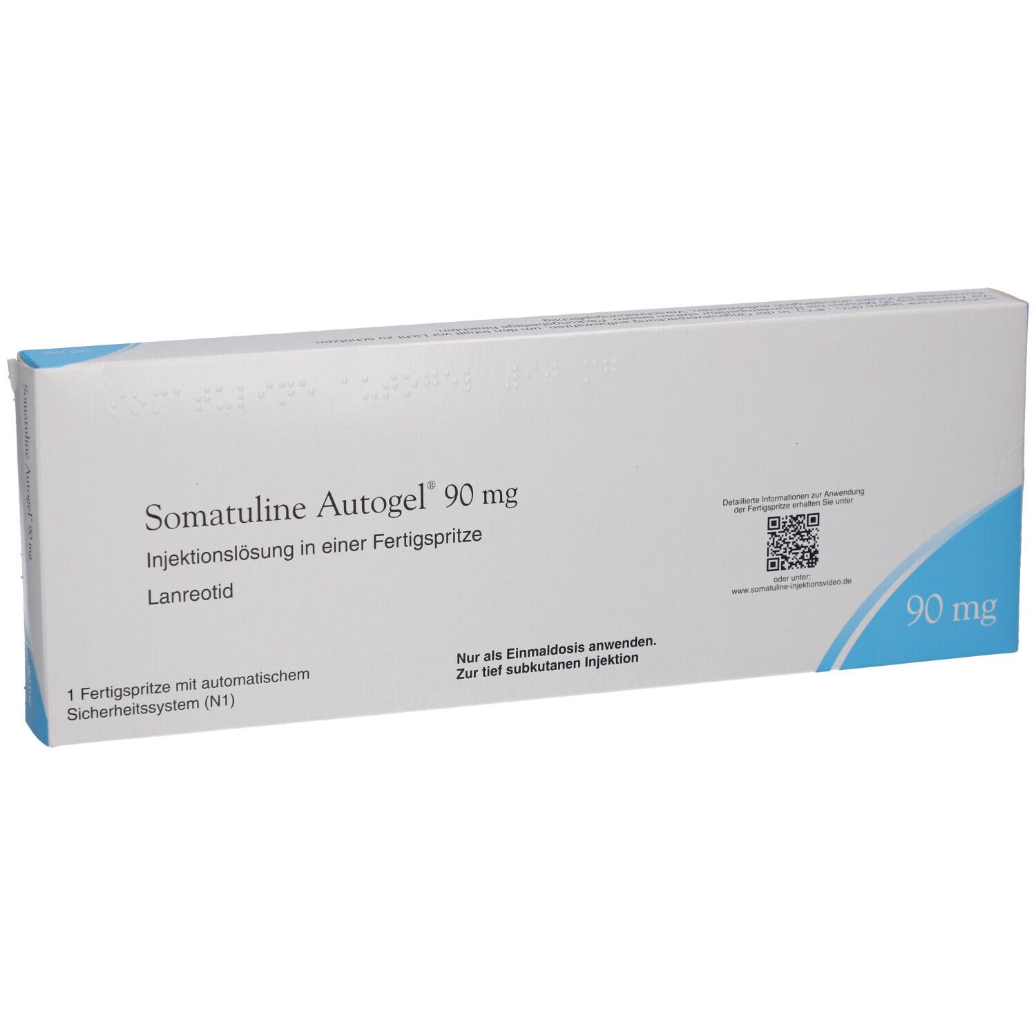 Weiße Schachtel mit blauen Akzenten. Aufschrift: Somatuline Autogel 90 mg. Fertigspritze.