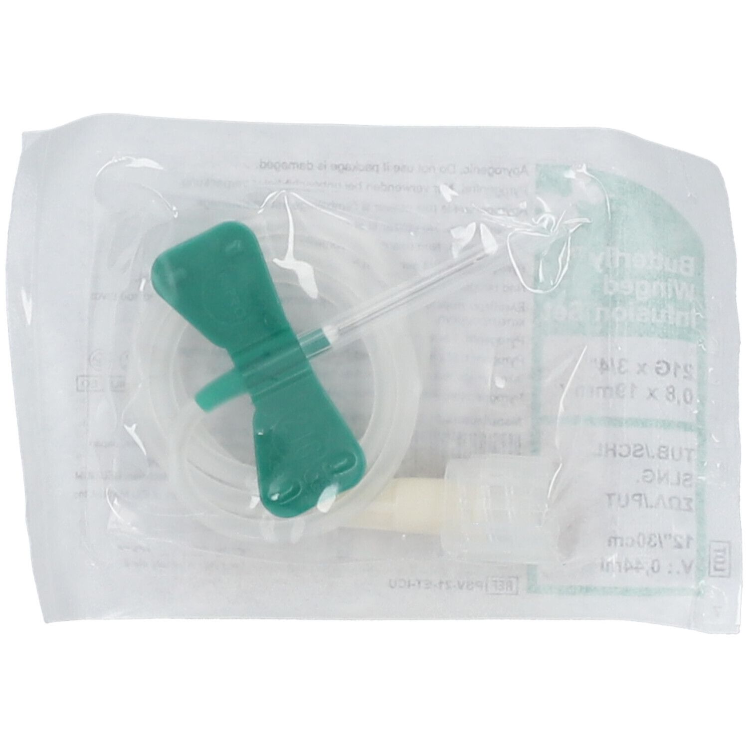 Infusionsset mit grünen Flügeln, transparentem Schlauch und Nadel in transparenter Verpackung.
