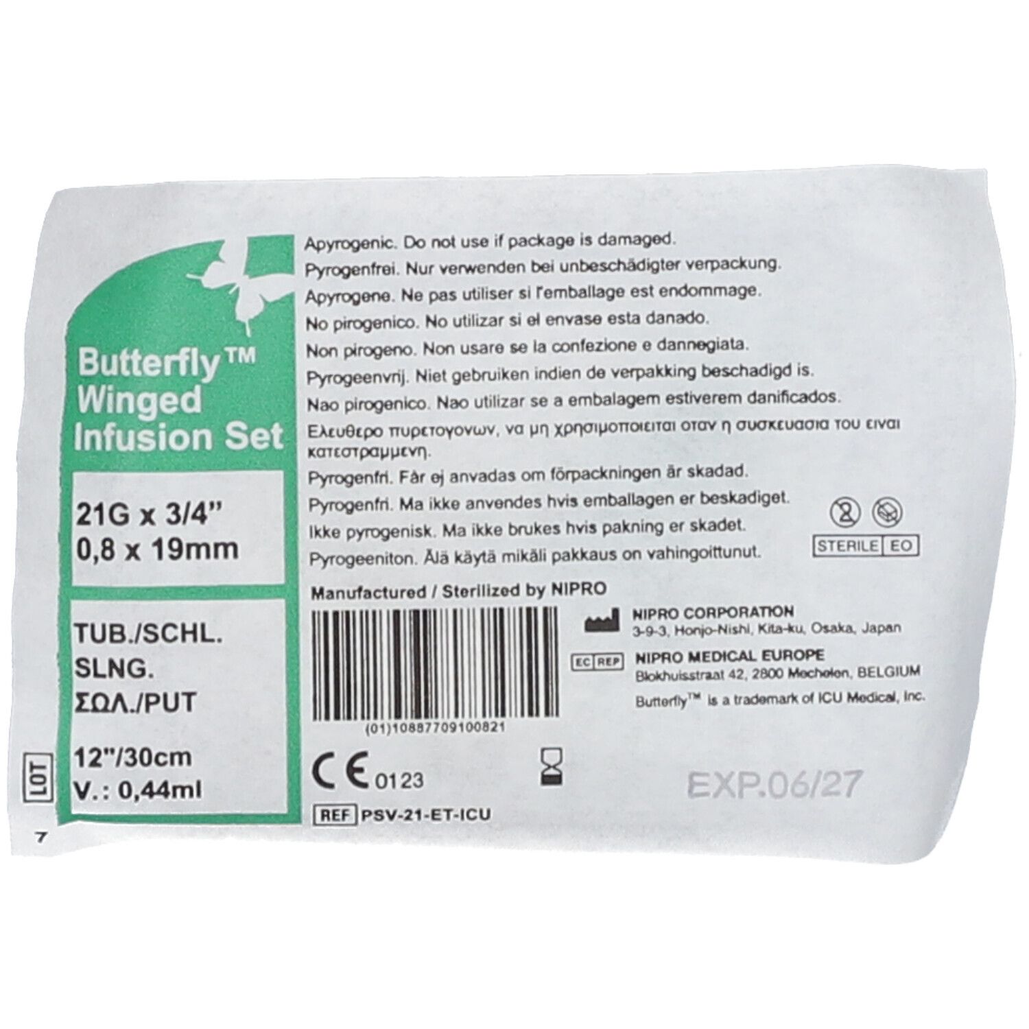 Verpackung mit Produktinformationen: Butterfly Winged Infusion Set, 21G x 3/4". Steril.