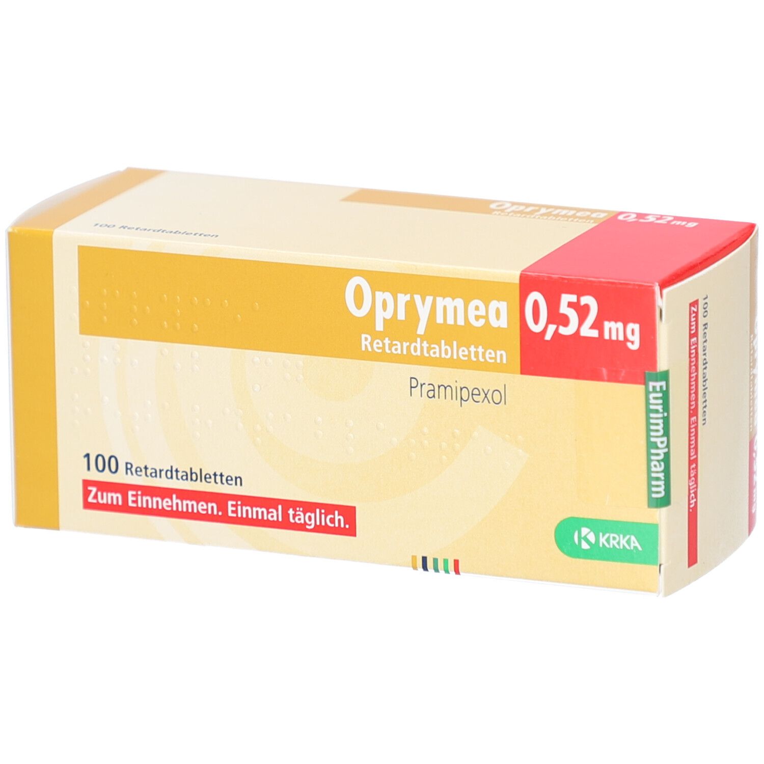 Schachtel mit Oprymea 0,52 mg Retardtabletten. Aufschrift: 100 Retardtabletten. Zum Einnehmen. Einmal täglich.