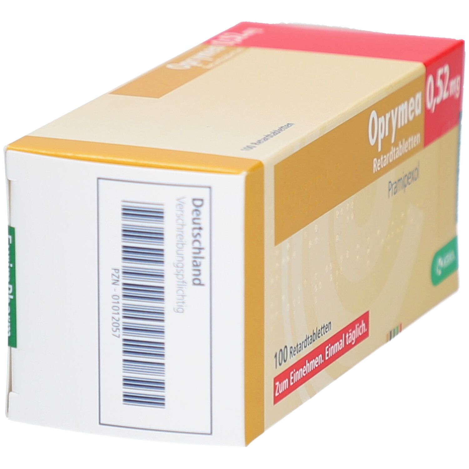 Schachtel Oprymea 0,52 mg Retardtabletten. Ansicht von unten. Barcode und Text: Deutschland, Verschreibungspflichtig.