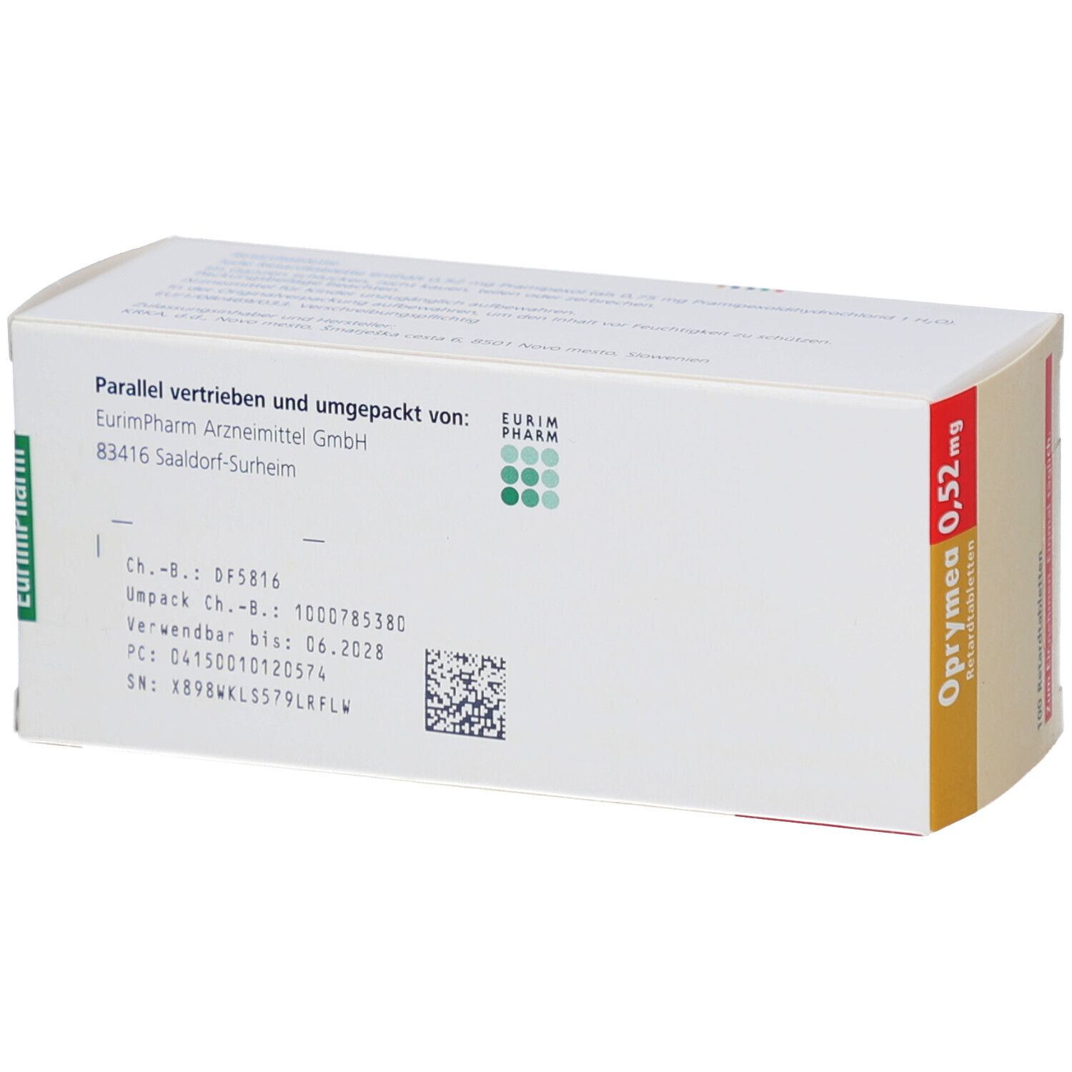 Rückseite der Schachtel Oprymea 0,52 mg Retardtabletten. Text: Parallel vertrieben und umgepackt von EurimPharm Arzneimittel GmbH.