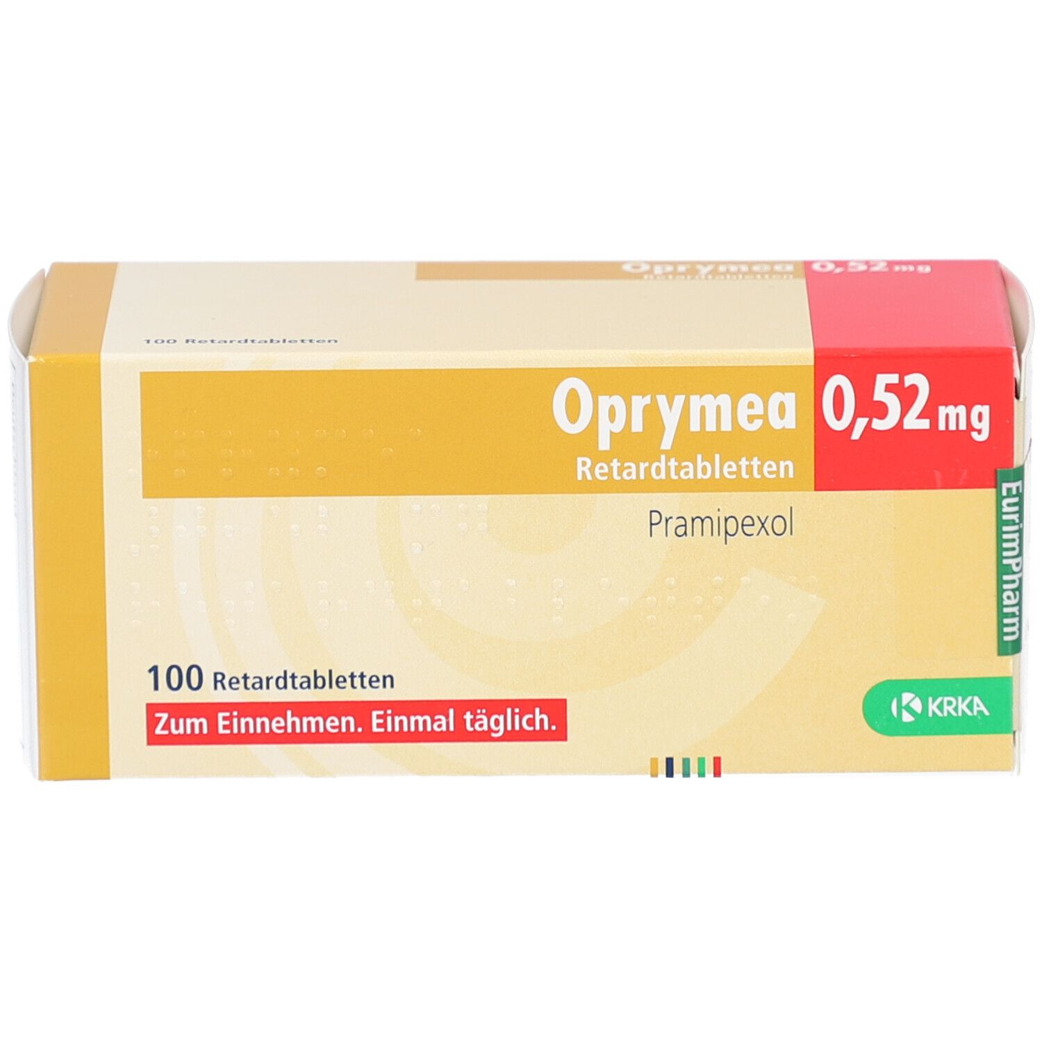 Schachtel mit Oprymea 0,52 mg Retardtabletten. Aufschrift: 100 Retardtabletten. Zum Einnehmen. Einmal täglich.