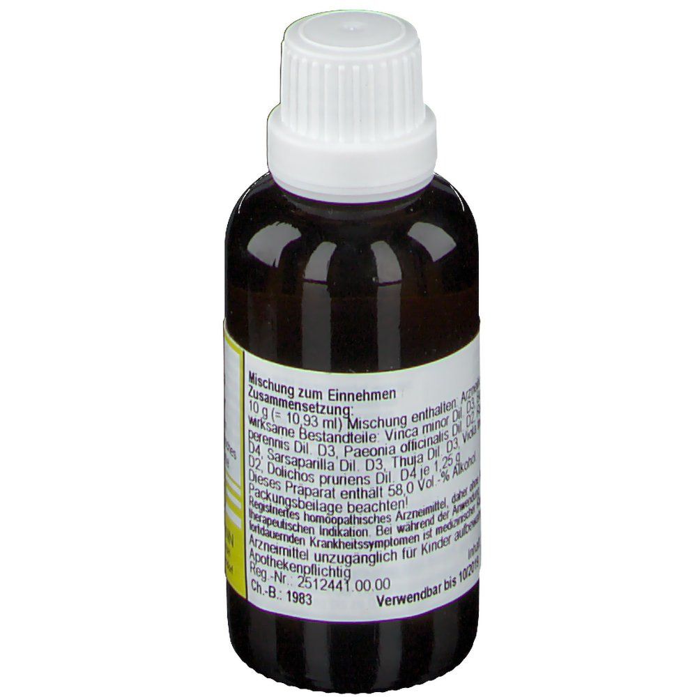Braune Glasflasche mit weißem Verschluss. Etikett mit Inhaltsstoffen und Dosierung. Enthält Vinca minor, Paeonia officinalis, etc.