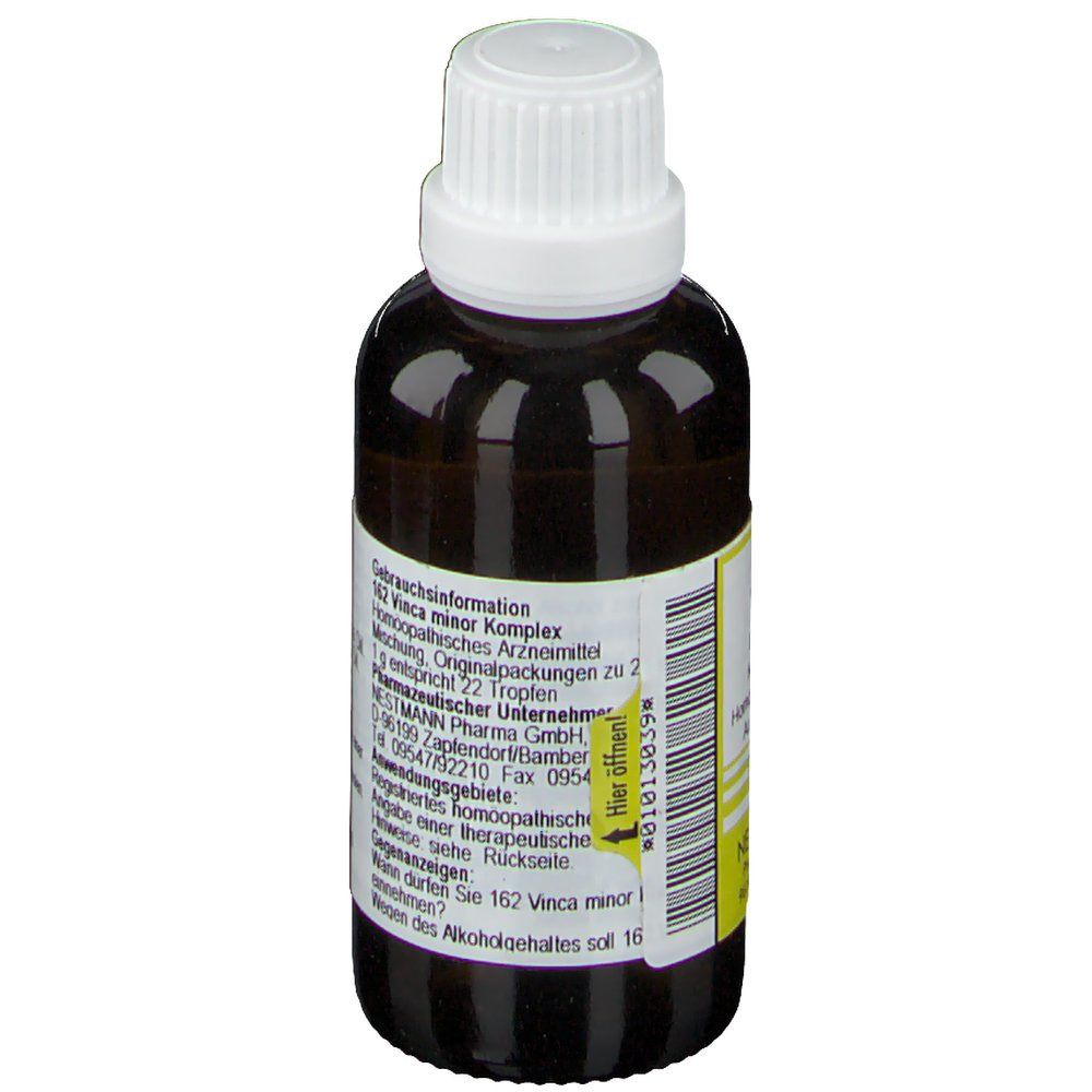 Braune Glasflasche mit weißem Verschluss. Etikett mit Gebrauchsinformationen. Enthält 162 Vinca minor Komplex. Hersteller: Nestmann Pharma.