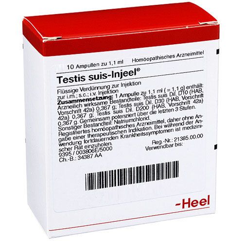 Karton mit 10 Ampullen Testis suis-Injeel®. Weiß mit rotem Deckel. Text: Homöopathisches Arzneimittel, Heel.