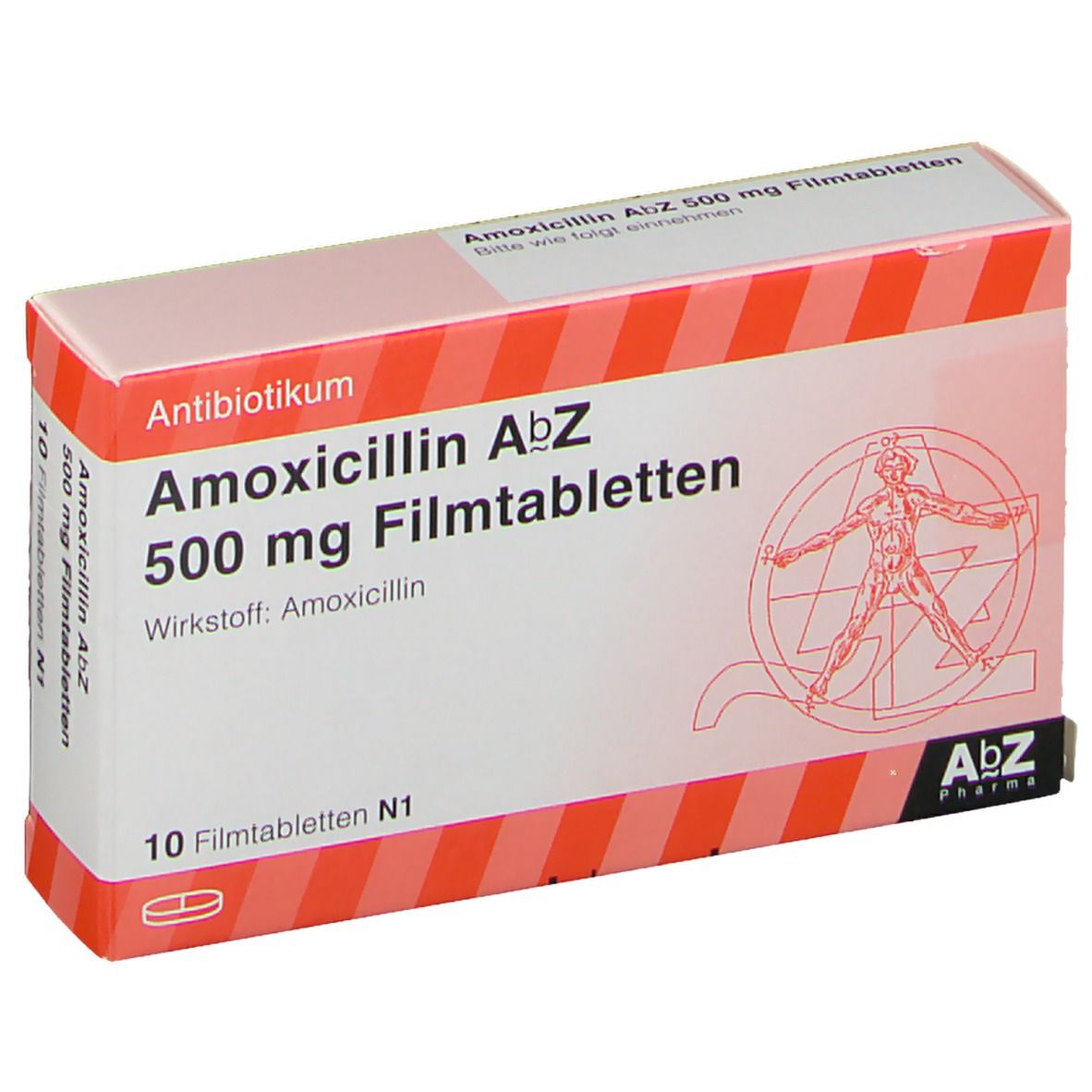 Schachtel mit Amoxicillin AbZ 500 mg Filmtabletten. Aufdruck: 10 Filmtabletten, AbZ Pharma Logo.