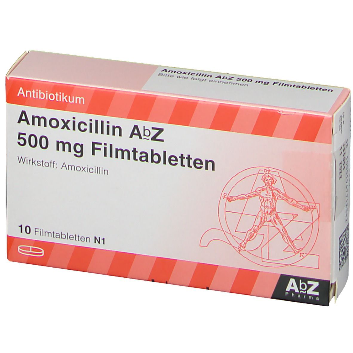Schachtel mit Amoxicillin AbZ 500 mg Filmtabletten. Aufdruck: 10 Filmtabletten, AbZ Pharma Logo.