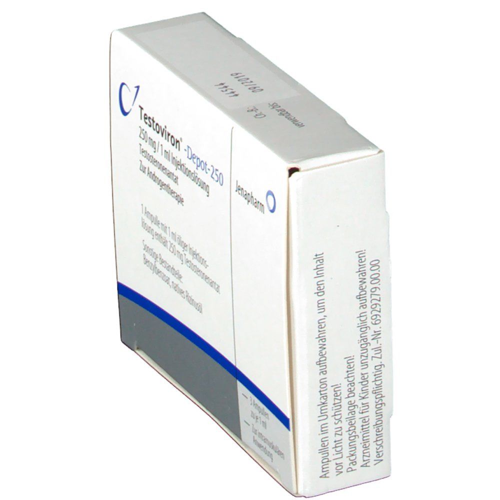 Weiße Schachtel mit blauer Schrift. Aufschrift: Testoviron Depot 250 mg/1 ml Injektionslösung. Enthält Ampullen. Jenapharm.
