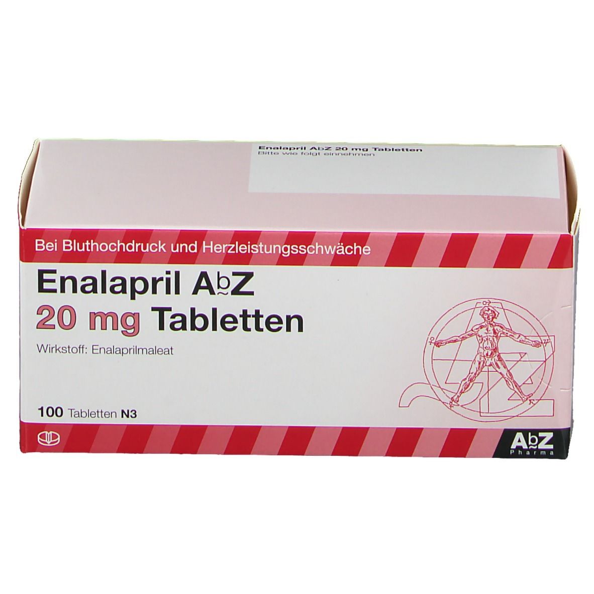 Schachtel mit Enalapril AbZ 20 mg Tabletten. Rote Streifen, Text und Logo. 100 Tabletten N3.