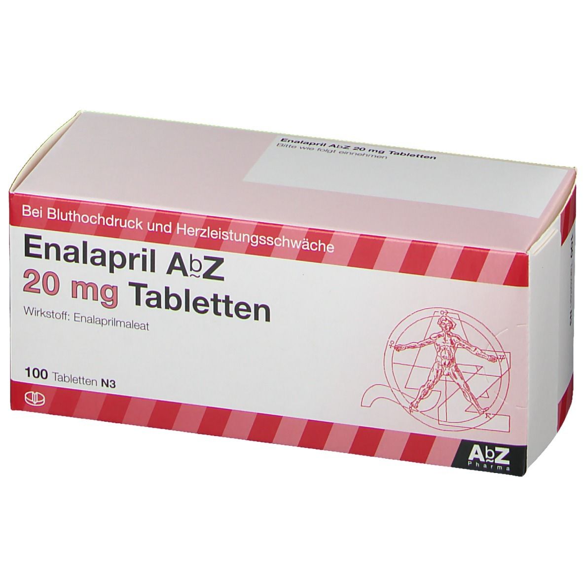 Schachtel mit Enalapril AbZ 20 mg Tabletten. Rote Streifen, Text und Logo. 100 Tabletten N3.