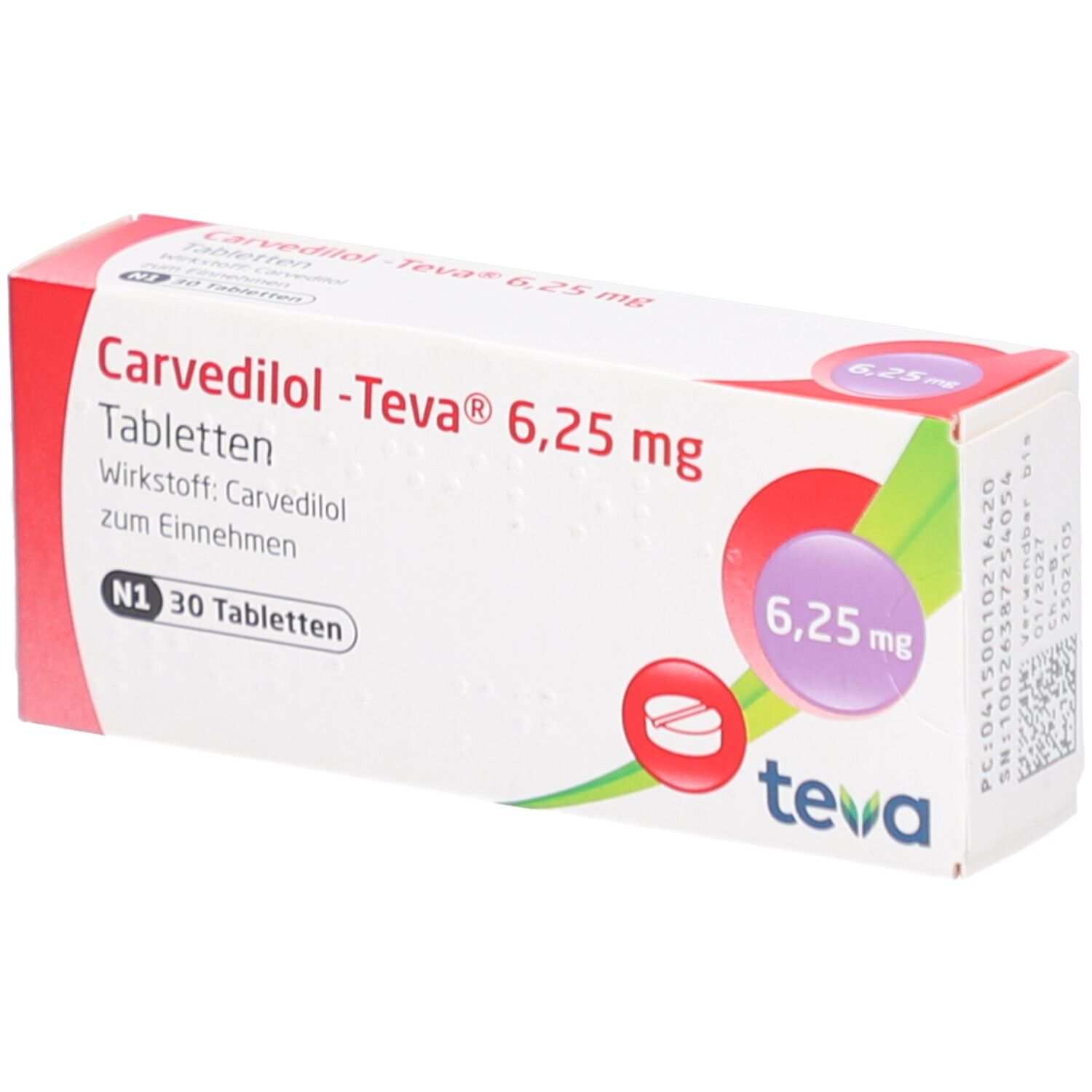 Schachtel mit Tabletten. Aufschrift: Carvedilol-Teva 6,25 mg. Marke Teva. Enthält 30 Tabletten. Rote und weiße Farbgebung.