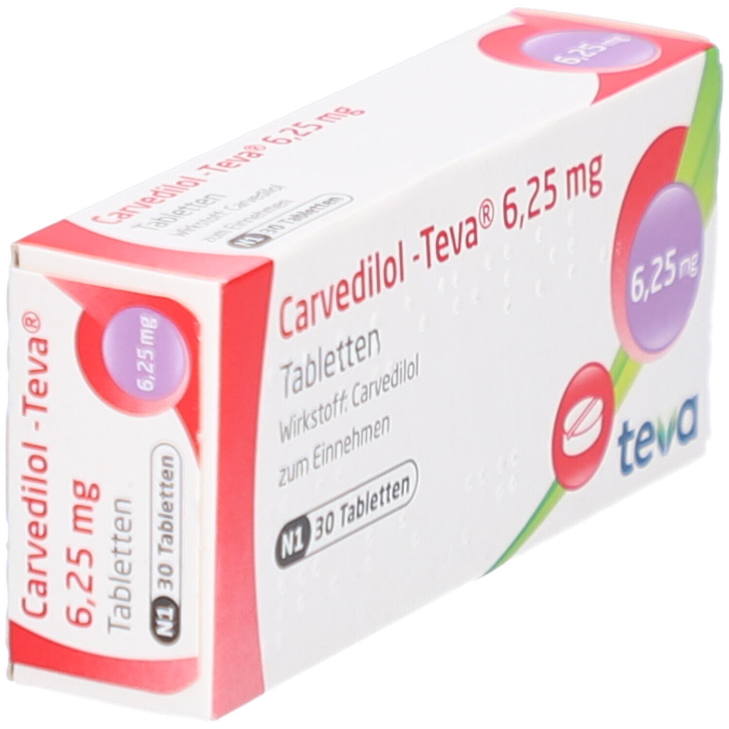 Schachtel mit Tabletten. Aufschrift: Carvedilol-Teva 6,25 mg. Marke Teva. Enthält 30 Tabletten. Rote und weiße Farbgebung.