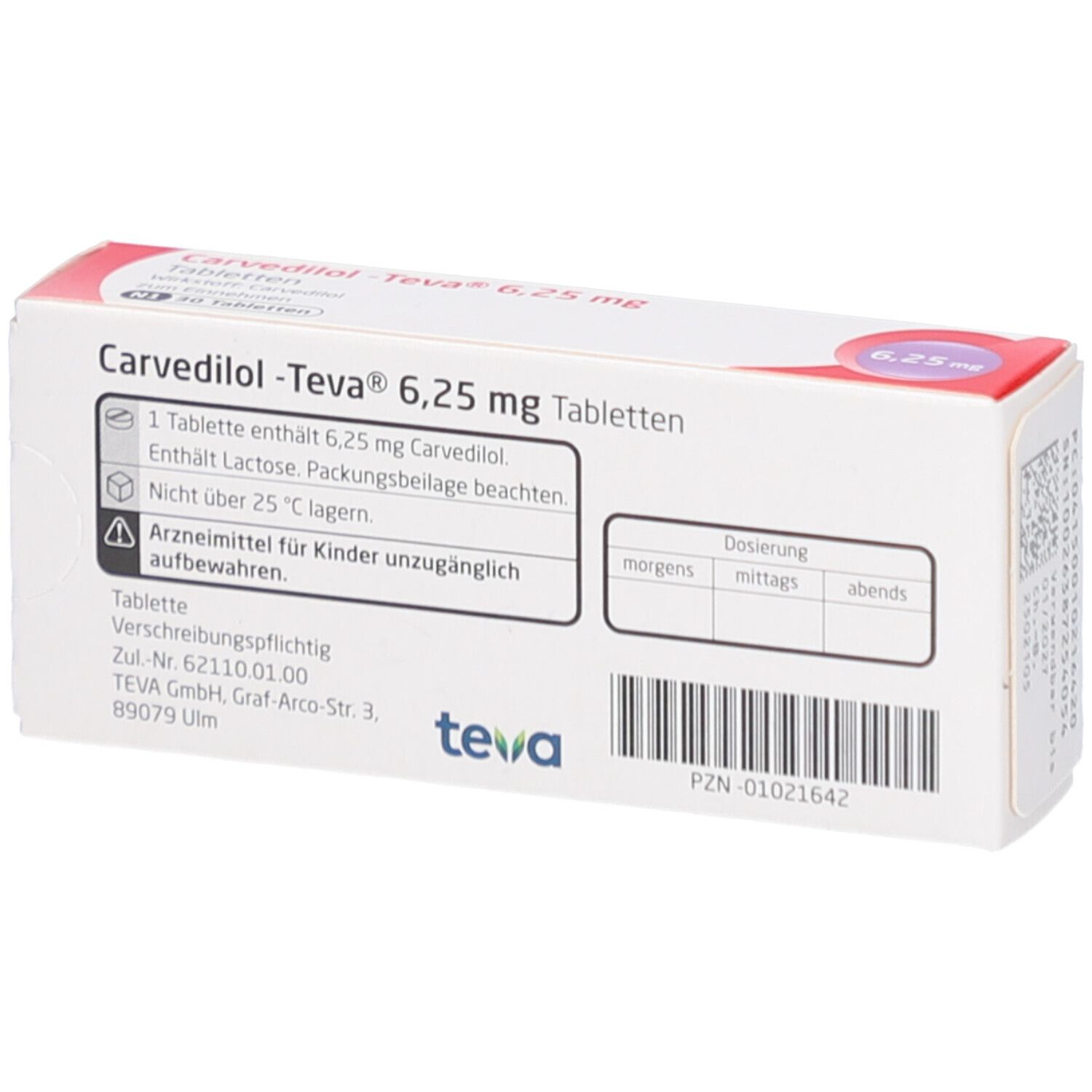 Rückseite der Tablettenschachtel. Aufschrift: Carvedilol-Teva 6,25 mg. Marke Teva. Enthält 30 Tabletten. Text in Deutsch.