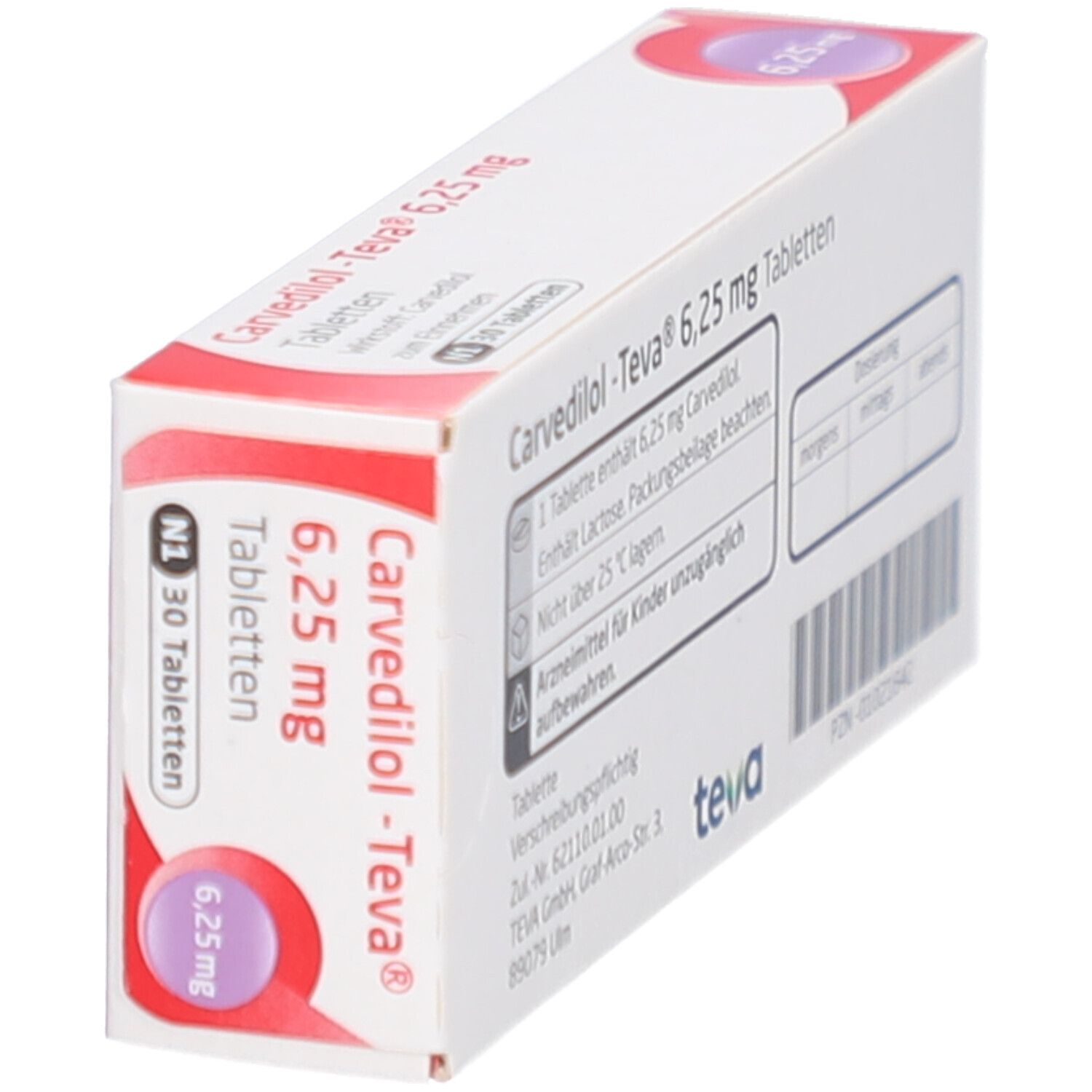 Tablettenschachtel. Aufschrift: Carvedilol-Teva 6,25 mg. Marke Teva. Enthält 30 Tabletten. Rote und weiße Farbgebung.