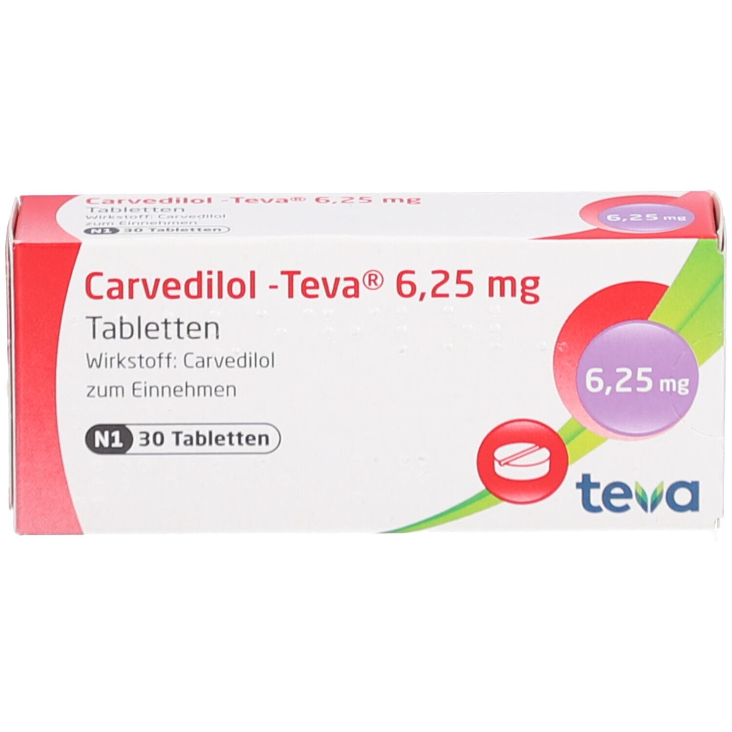 Tablettenschachtel. Aufschrift: Carvedilol-Teva 6,25 mg. Marke Teva. Enthält 30 Tabletten. Rote und weiße Farbgebung.