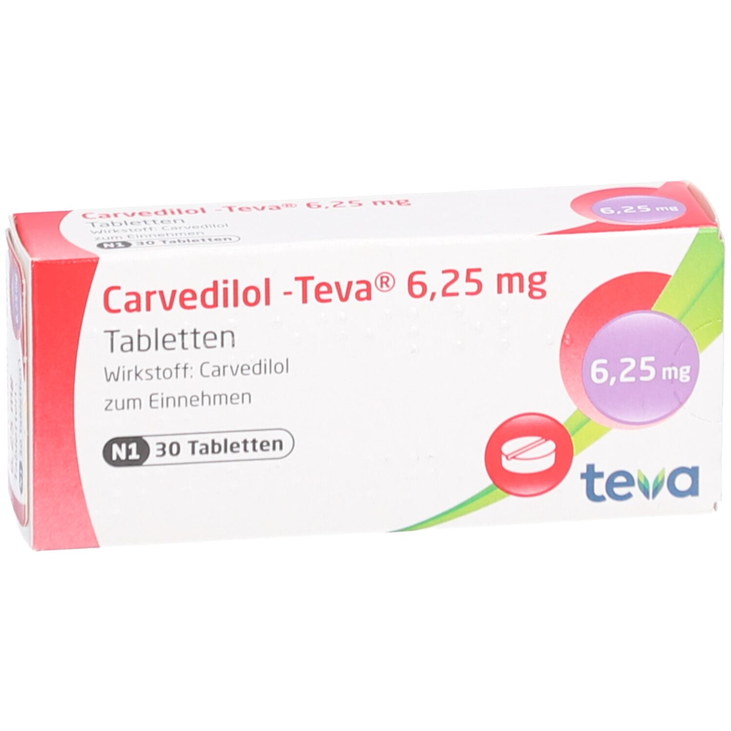 Tablettenschachtel. Aufschrift: Carvedilol-Teva 6,25 mg. Marke Teva. Enthält 30 Tabletten. Rote und weiße Farbgebung.