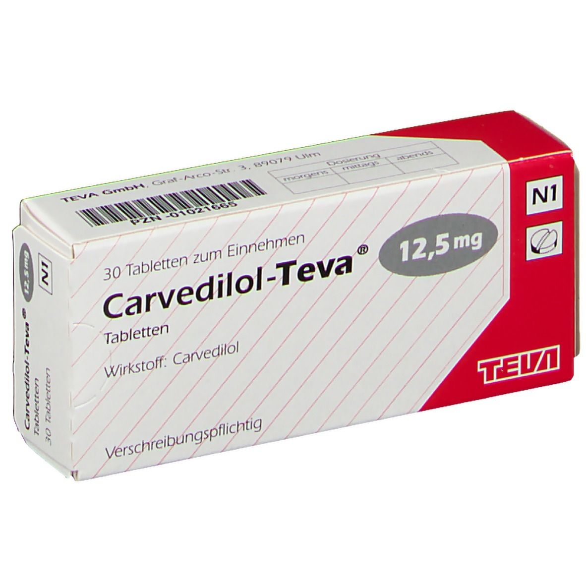 Packung Carvedilol-Teva 12,5 mg Tabletten, 30 Stück. Rote und weiße Verpackung mit Teva-Logo.