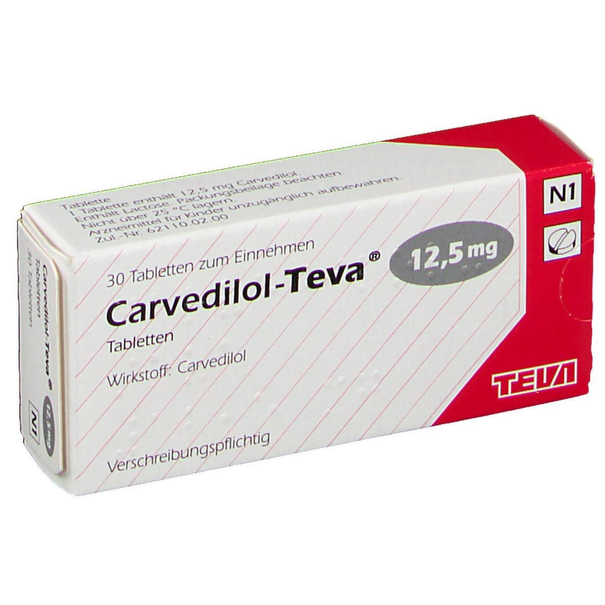 Packung Carvedilol-Teva 12,5 mg Tabletten, 30 Stück. Vorderseite mit Details zur Zusammensetzung.