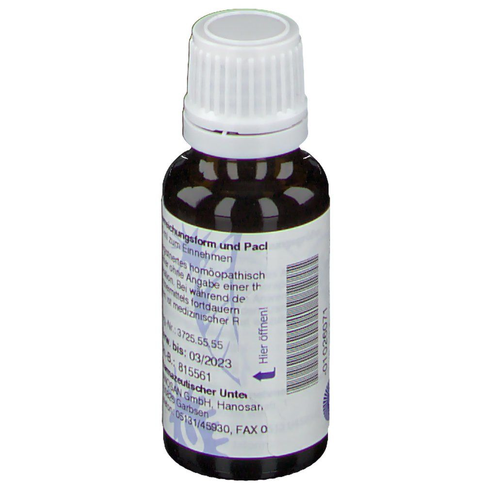 Braune Glasflasche mit weißem Verschluss. Etikett mit Produktinformationen, floralem Muster und Haltbarkeitsdatum. 20 ml.