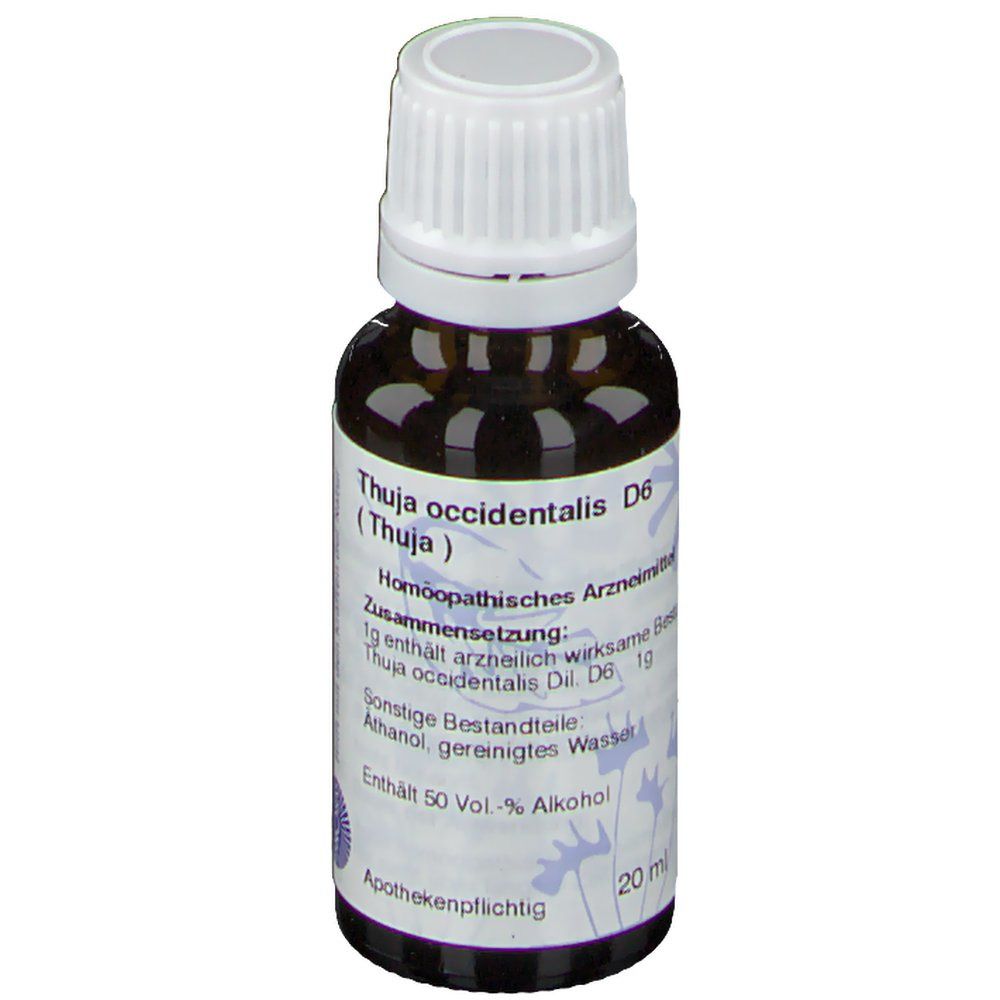 Braune Glasflasche mit weißem Verschluss. Etikett mit Produktnamen, floralem Muster und Inhaltsangabe. 20 ml.