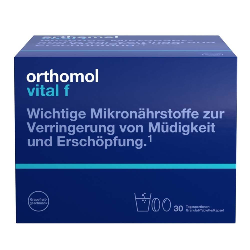 Orthomol Vital f für Frauen - bei Müdigkeit - mit B-Vitaminen, Omega-3, Magnesium - Granulat/Tabletten/Kapseln - Grapefr