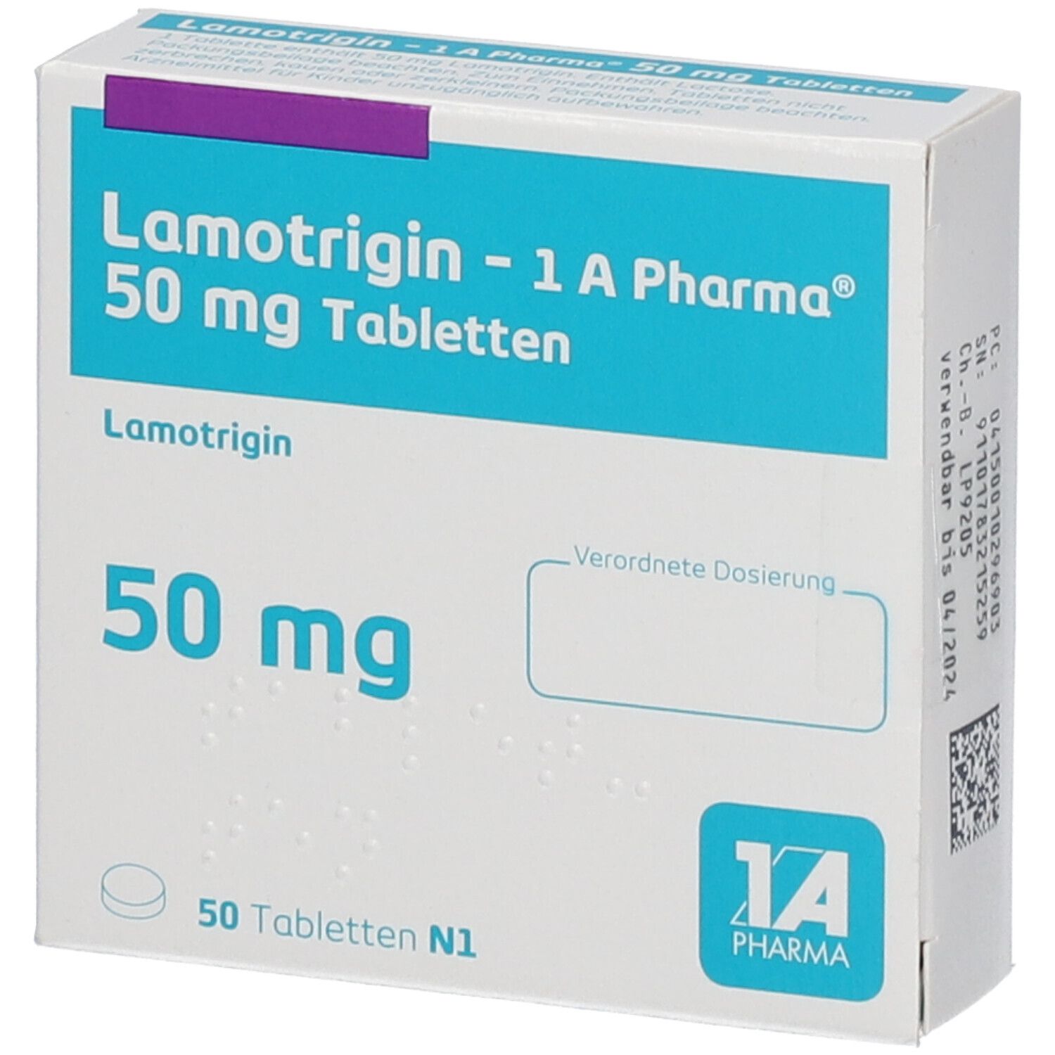 Schachtel mit Lamotrigin 50 mg Tabletten. Blaue und weiße Verpackung mit lila Akzent. 1A Pharma Logo. Feld für Dosierung.