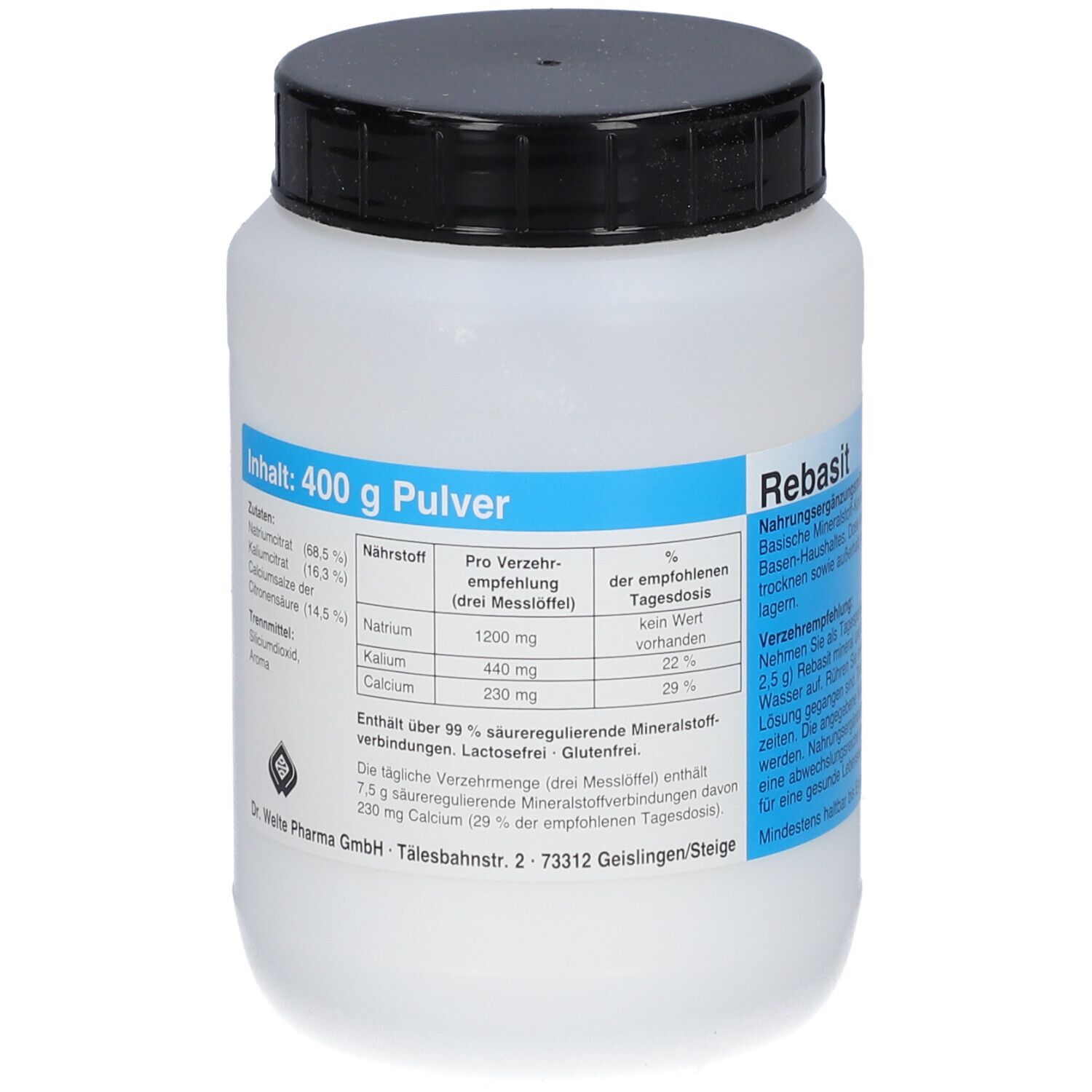 Weißes Pulver in einer Dose mit schwarzem Deckel. Aufschrift: Inhalt: 400 g Pulver. Blaue Etiketten mit Nährwertangaben.