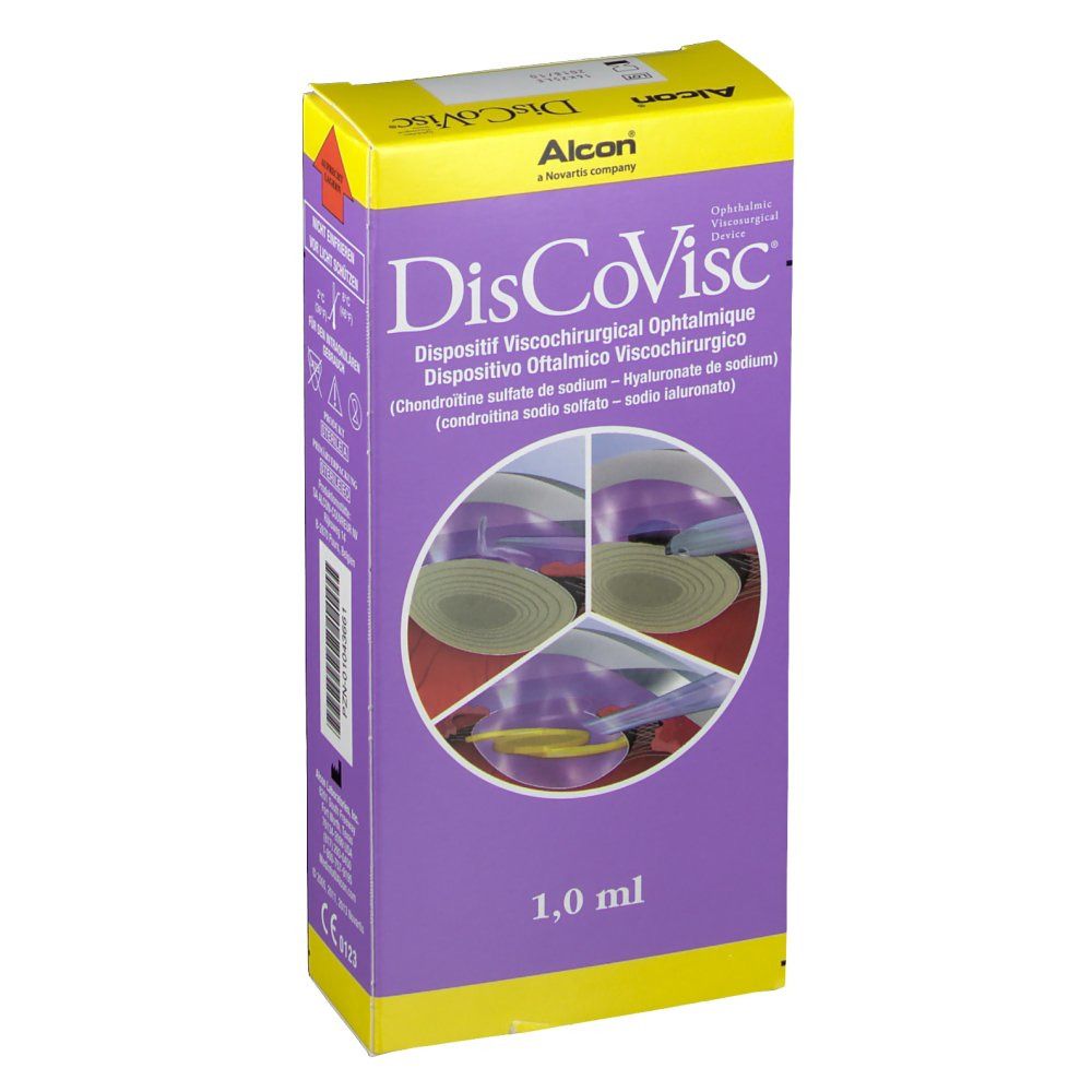 Violette Verpackung mit Produktnamen DisCoVisc und Abbildung. Enthält 1,0 ml. Hersteller Alcon.