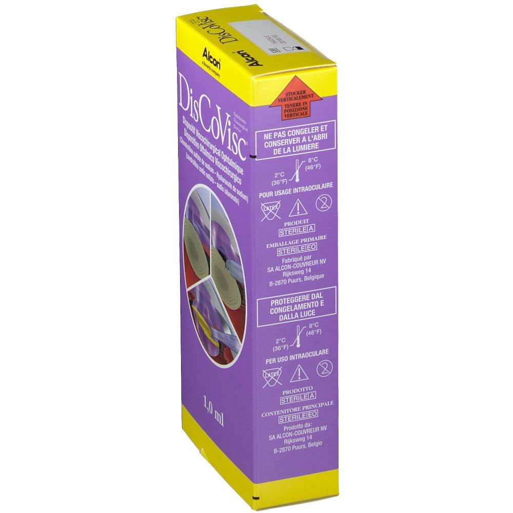 Violette Verpackung mit Produktnamen DisCoVisc. Enthält 1,0 ml. Hersteller Alcon. Warnhinweise.