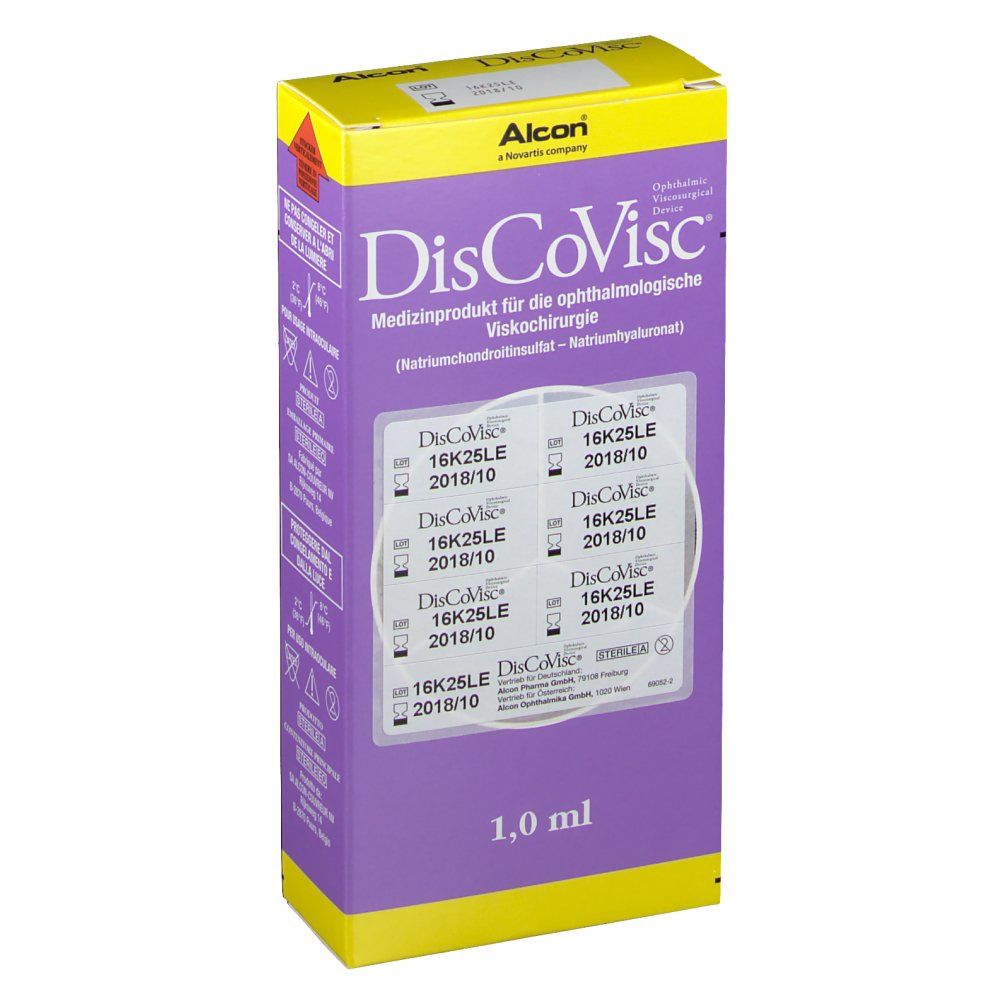 Violette Verpackung mit Produktnamen DisCoVisc. Enthält 1,0 ml. Einzelverpackungen sichtbar.