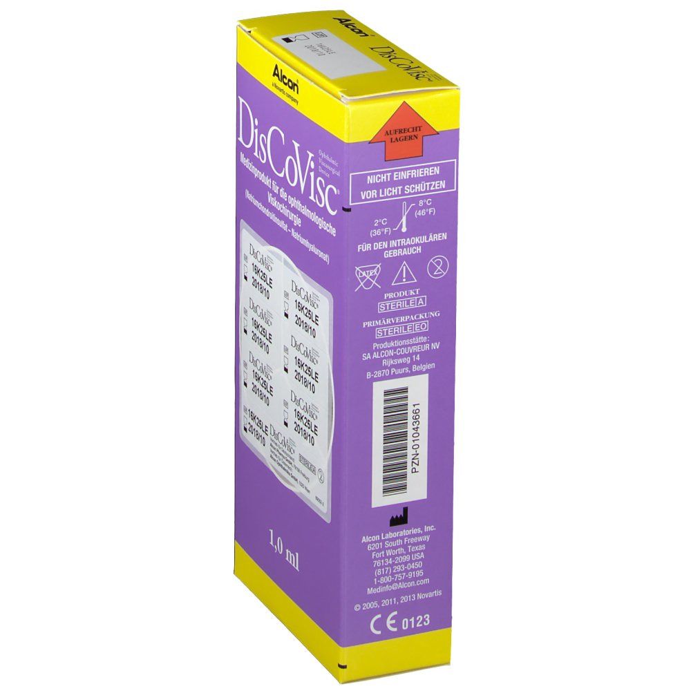 Violette Verpackung mit Produktnamen DisCoVisc. Enthält 1,0 ml. Hersteller Alcon. CE-Kennzeichnung.