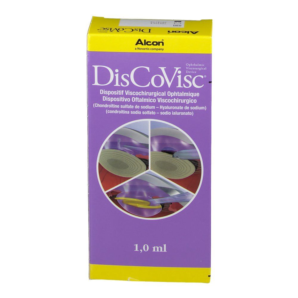 Violette Verpackung mit Produktnamen DisCoVisc und Abbildung. Enthält 1,0 ml. Hersteller Alcon.