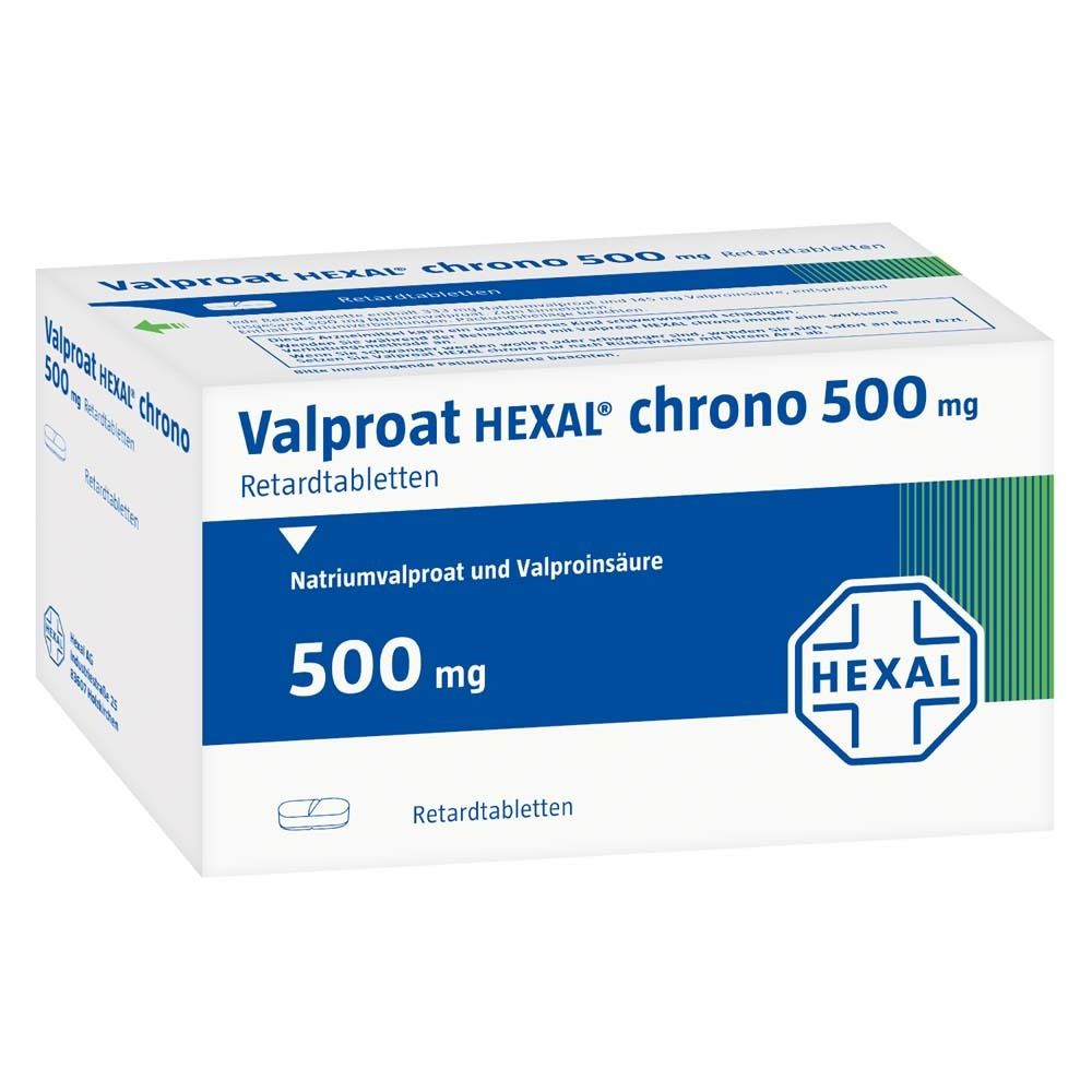 Schachtel mit Valproat HEXAL chrono 500 mg Retardtabletten. Weiß, blau und grün. HEXAL Logo.