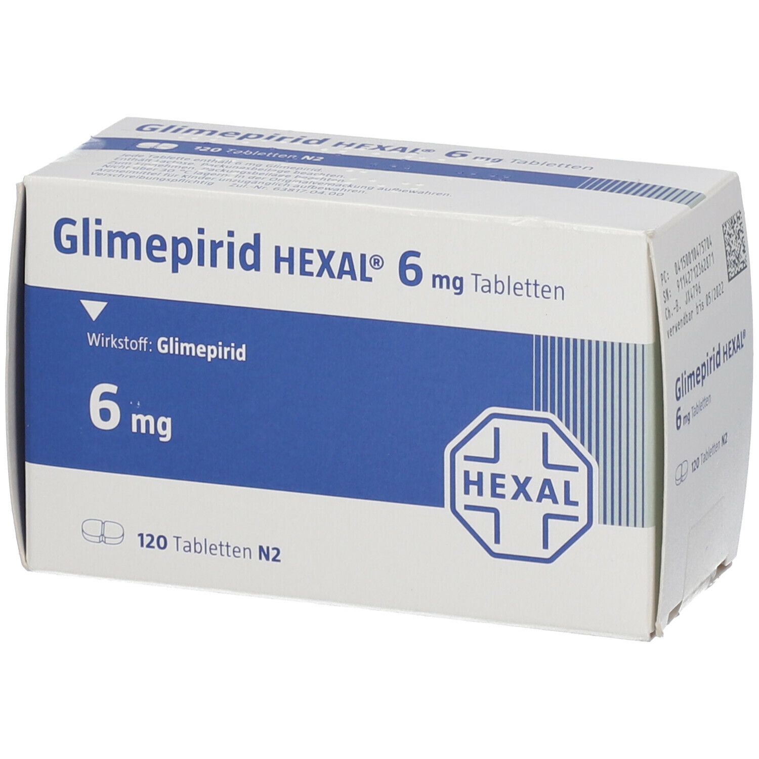 Schachtel mit Glimepirid Hexal 6 mg Tabletten. Blaue und weiße Verpackung mit Produktinformationen und Hexal-Logo.
