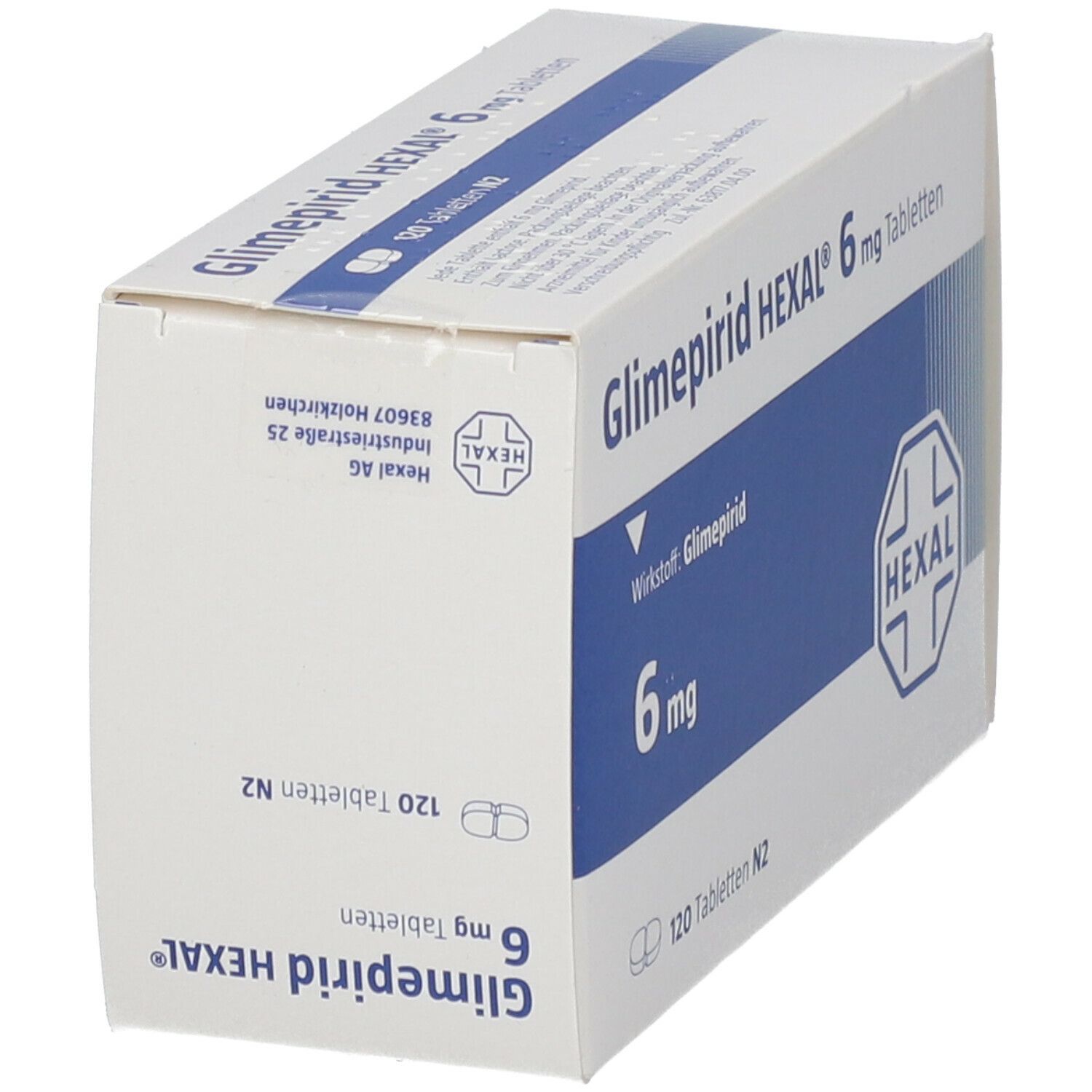 Schachtel Glimepirid Hexal 6 mg Tabletten, schräg. Blaue und weiße Verpackung mit Produktinformationen und Hexal-Logo.