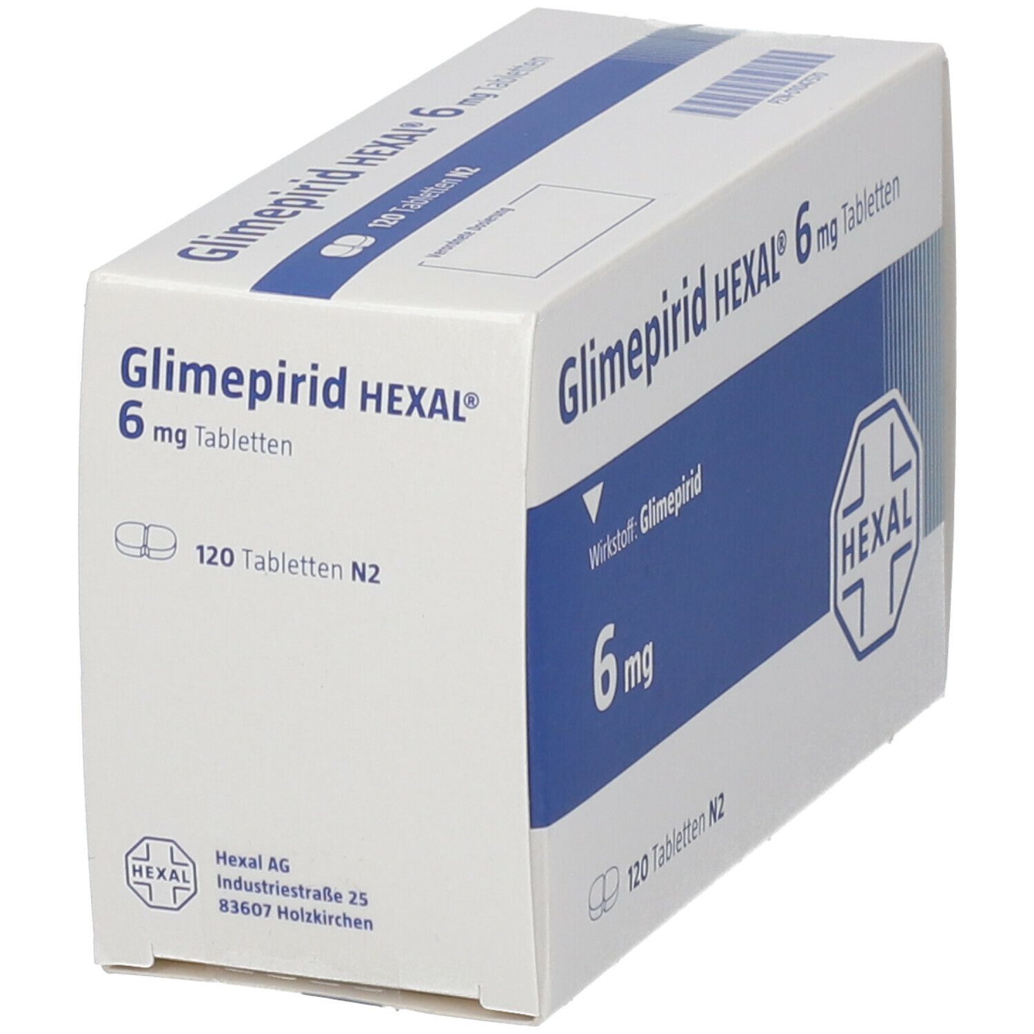 Schachtel mit Glimepirid Hexal 6 mg Tabletten. Blaue und weiße Verpackung mit Produktinformationen und Hexal-Logo.