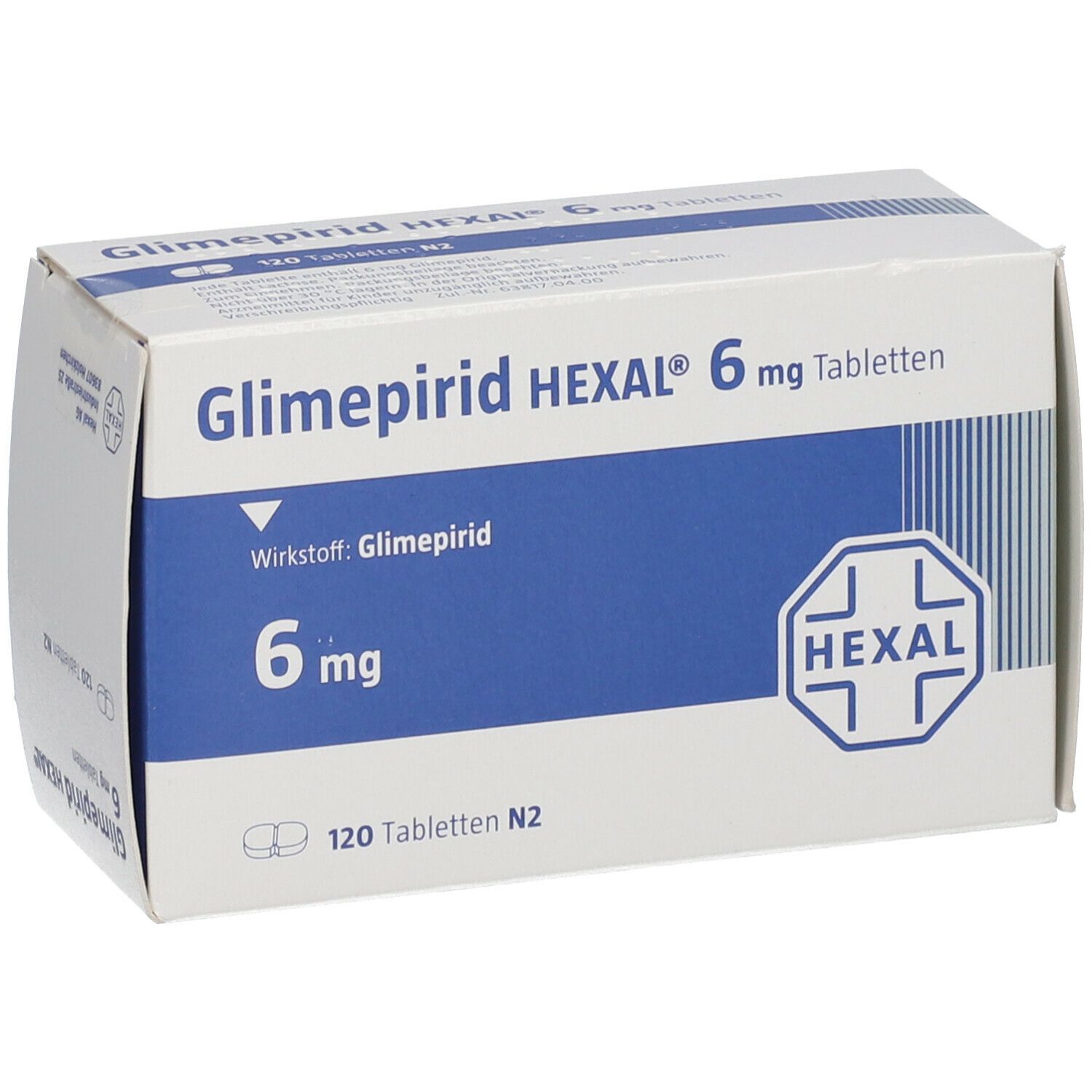 Schachtel mit Glimepirid Hexal 6 mg Tabletten. Blaue und weiße Verpackung mit Produktinformationen und Hexal-Logo.