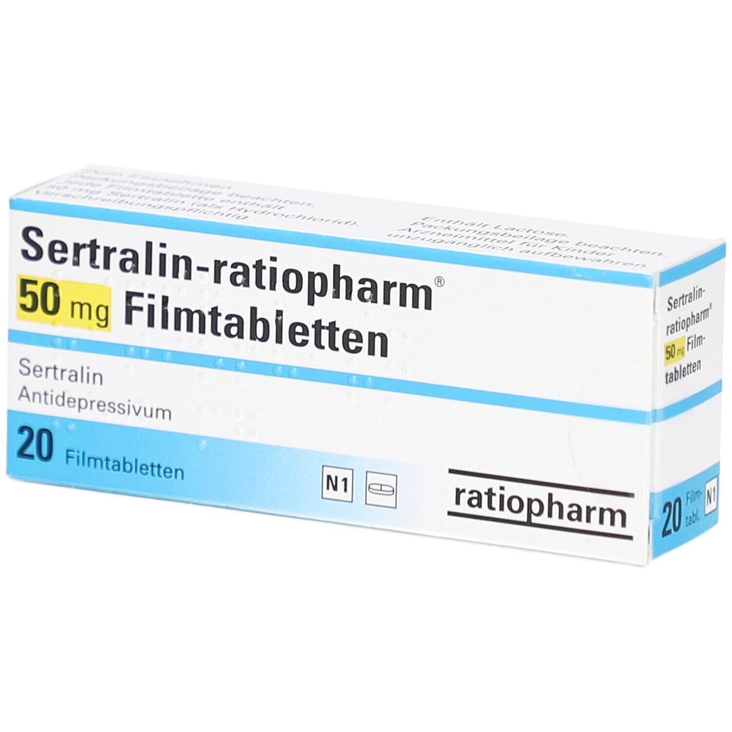 Schachtel mit Sertralin-ratiopharm 50 mg Filmtabletten. Aufschrift: 20 Filmtabletten, Antidepressivum.